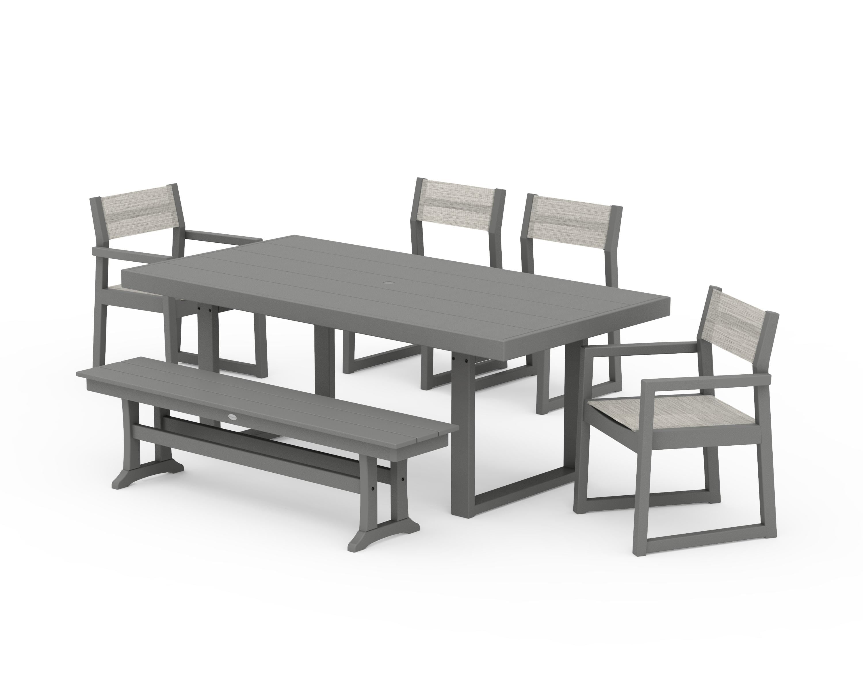 POLYWOOD® EDGE Sling 6-Piece Dining Set with Bench in Slate Grey / Birch Sling