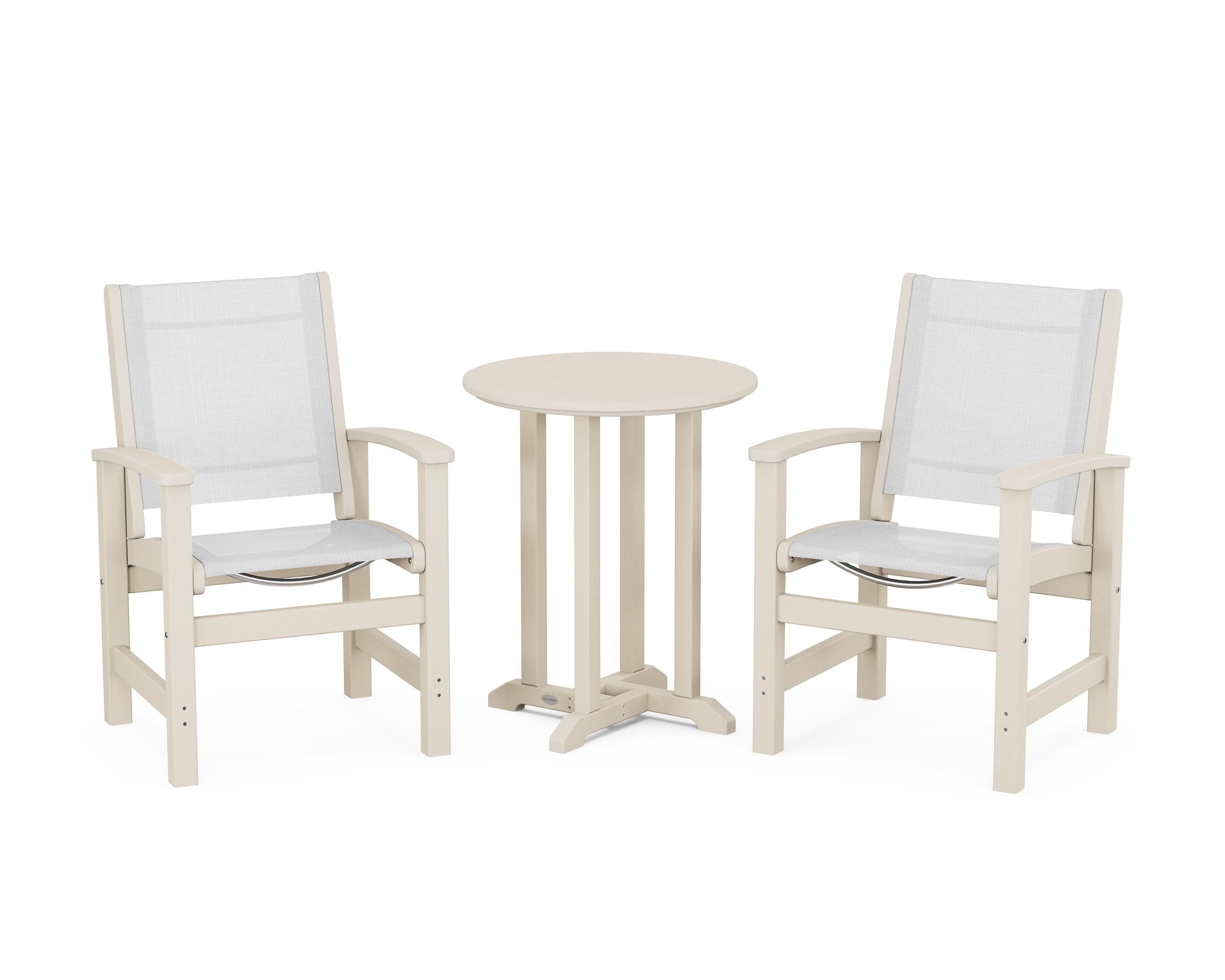 POLYWOOD® Coastal 3-Piece Round Bistro Dining Set in Sand / White Sling