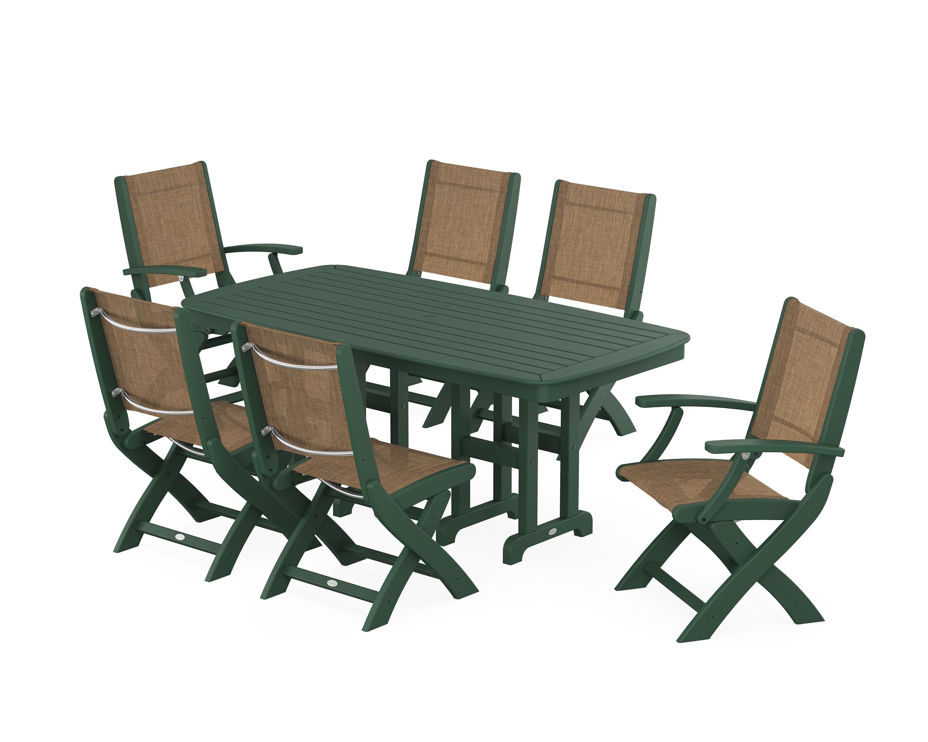 POLYWOOD® Coastal Folding Chair 7-Piece Dining Set in Green / Burlap Sling