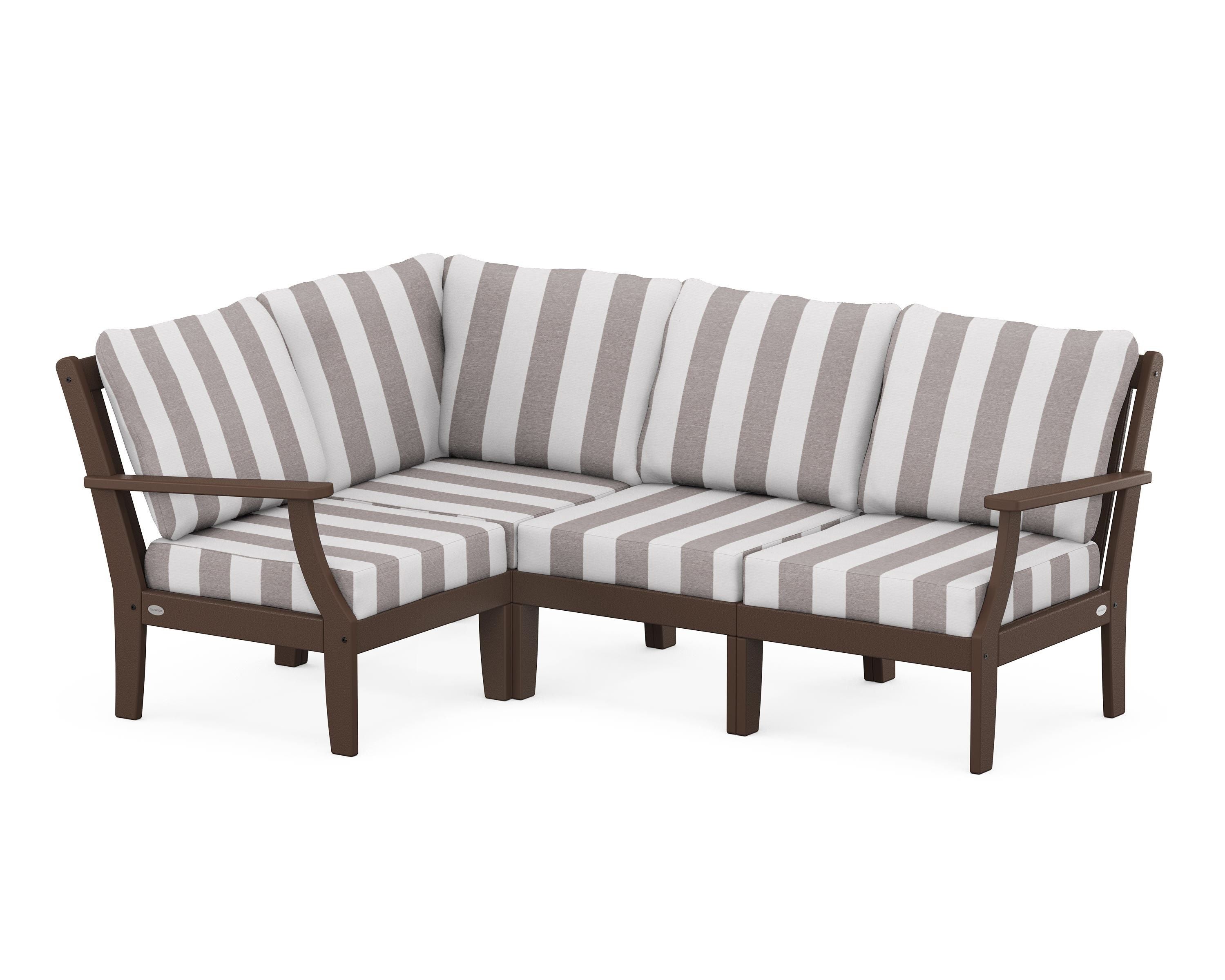 POLYWOOD® Braxton Modular 4-Piece Deep Seating Set in Mahogany / Cabana Stripe Grey Mist