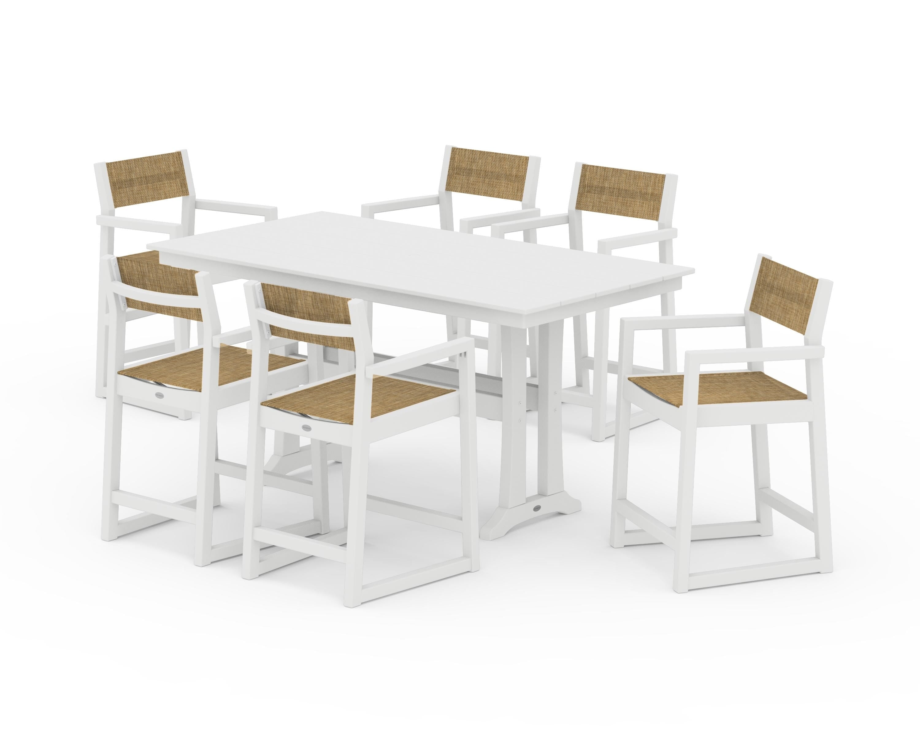 POLYWOOD® EDGE Sling Arm Chair 7-Piece Farmhouse Counter Set with Trestle Legs in White / Burlap Sling