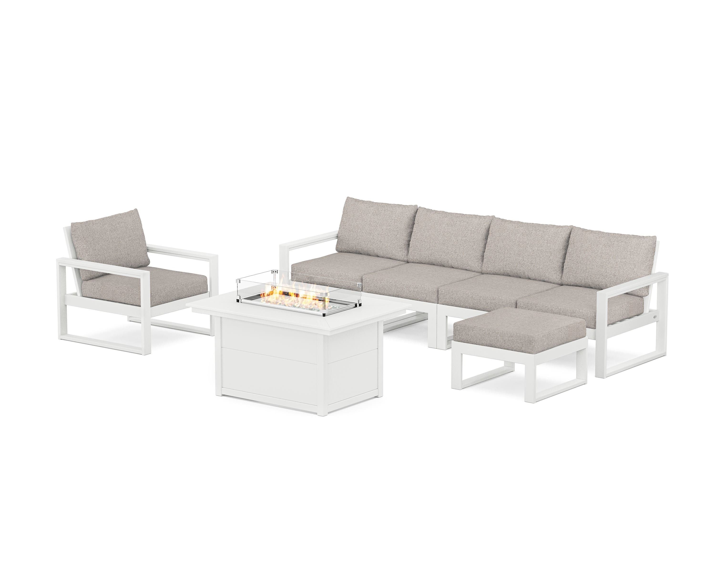 POLYWOOD® EDGE Sectional Lounge and Fire Pit Set in White / Weathered Tweed