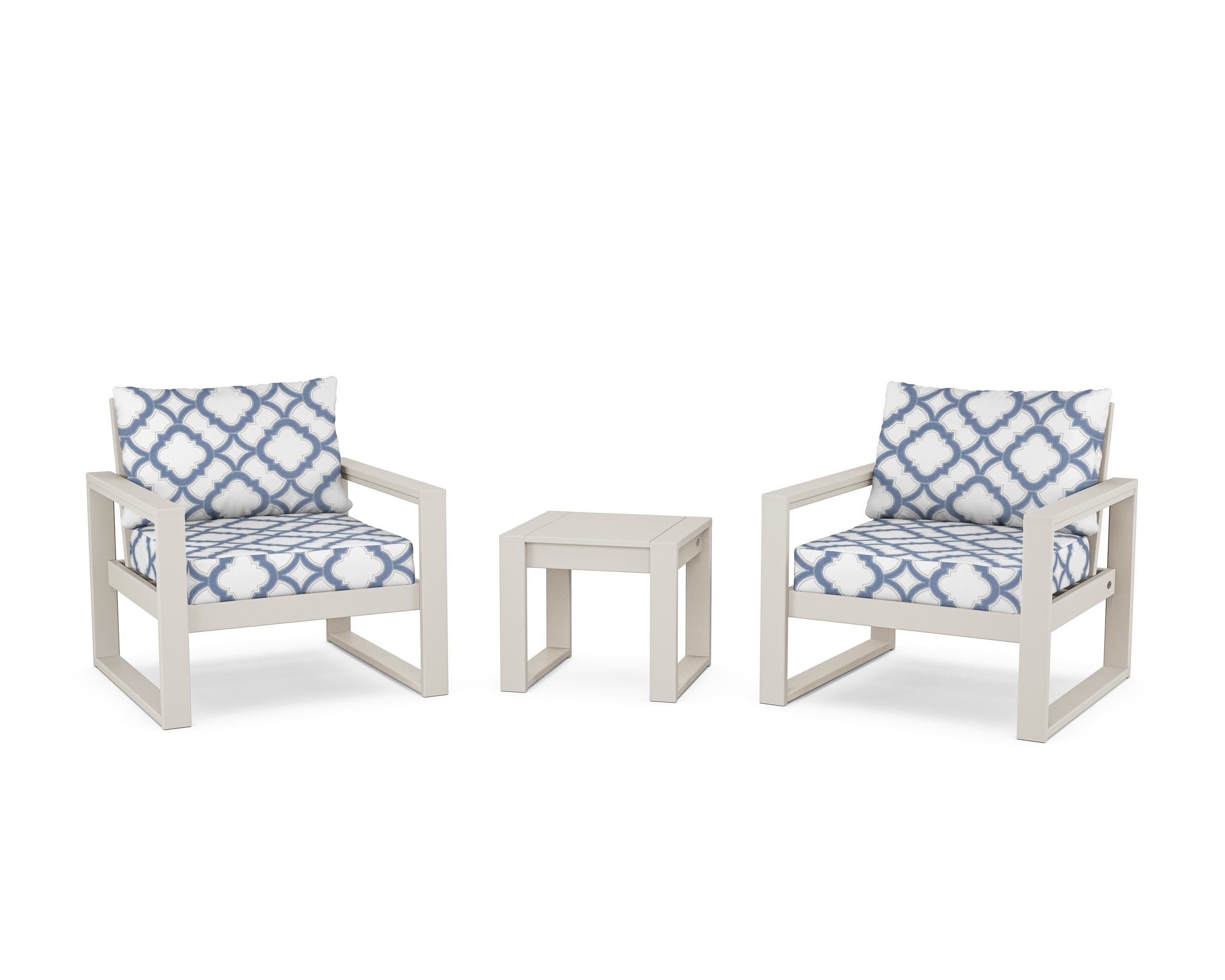 POLYWOOD® EDGE Sectional 3-Piece Deep Seating Set in Sand / Trellis Sky Blue