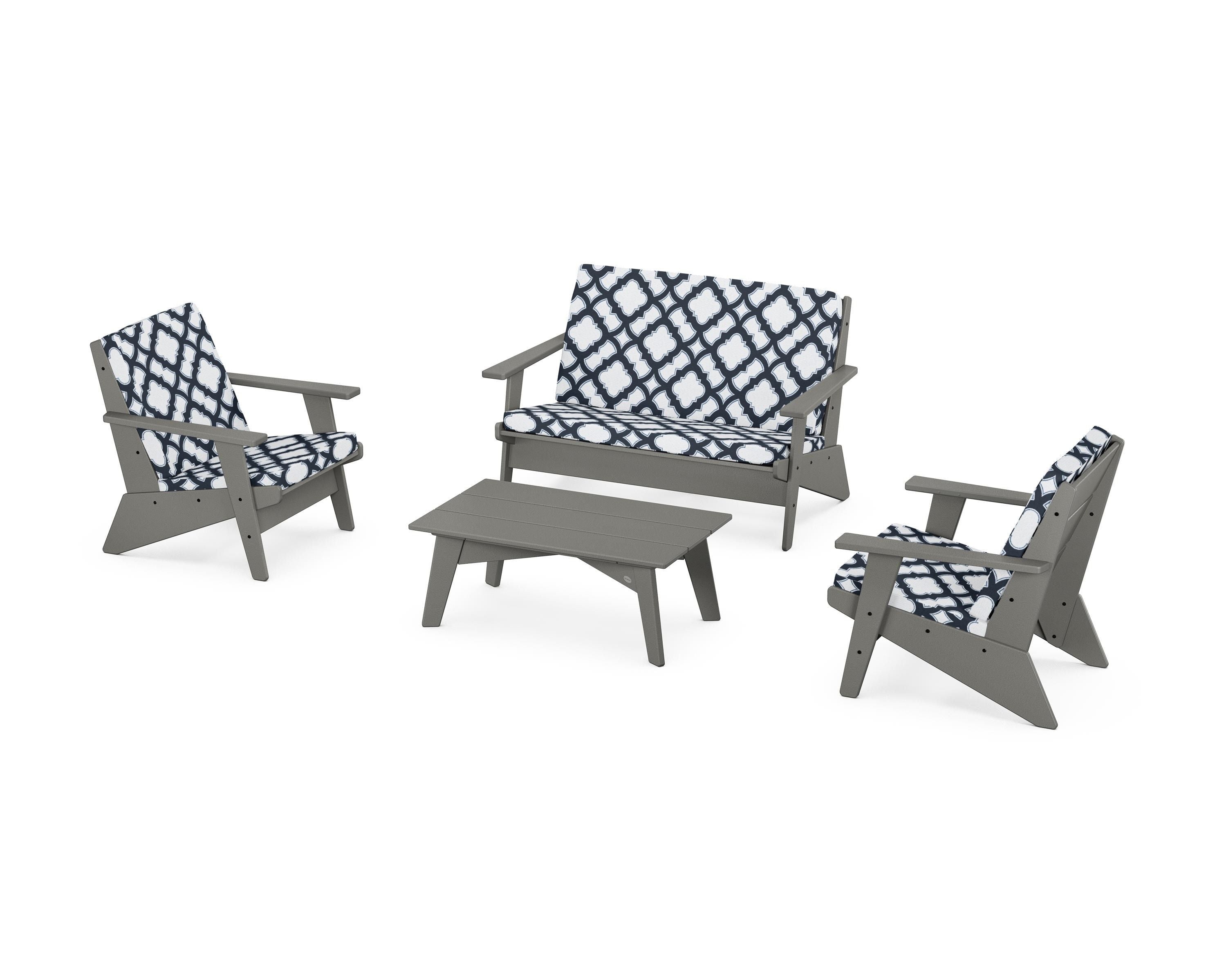 POLYWOOD® Riviera Modern Lounge 4-Piece Set in Slate Grey / Trellis Marine Indigo