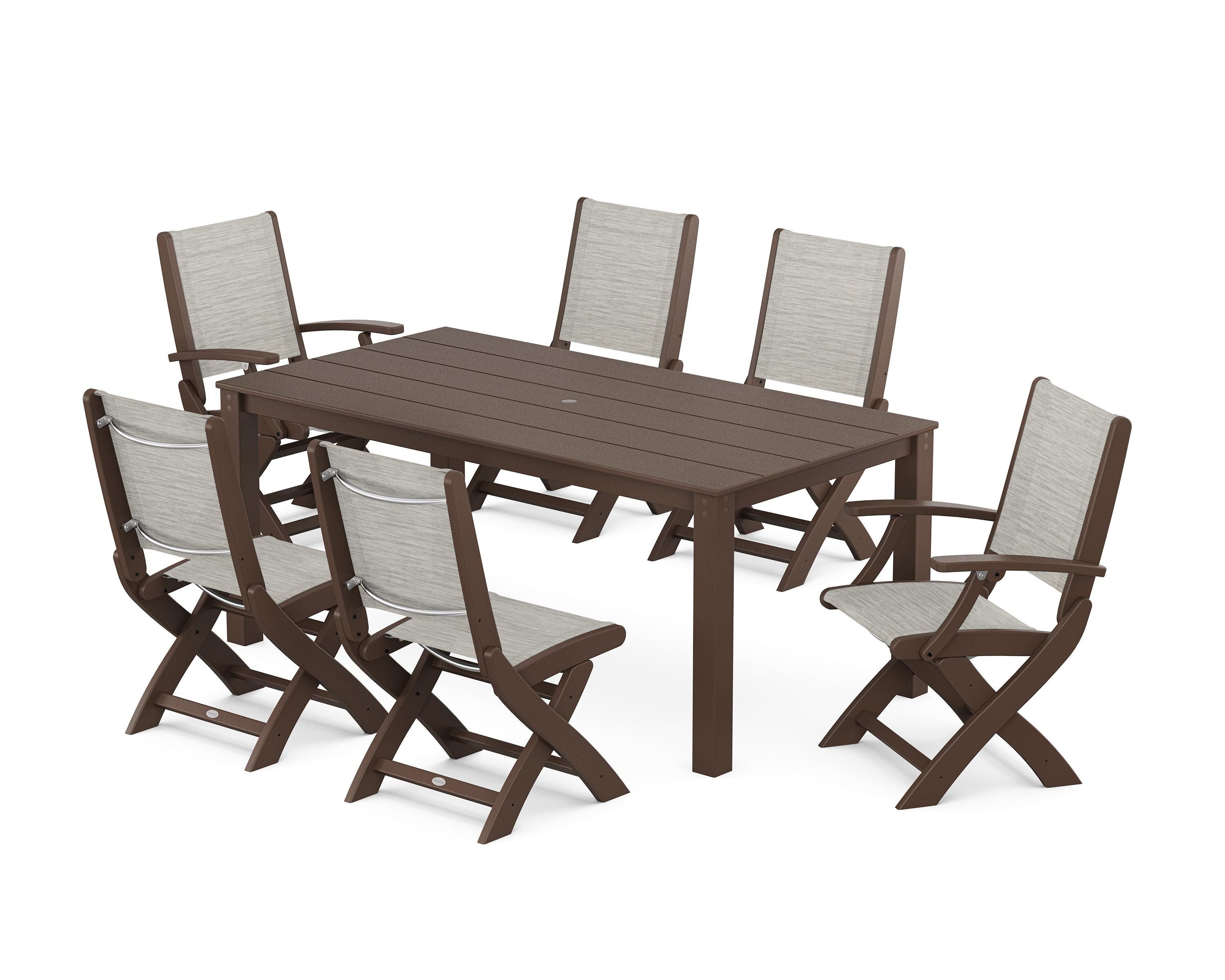 POLYWOOD® Coastal Folding Chair 7-Piece Parsons Dining Set in Mahogany / Birch Sling