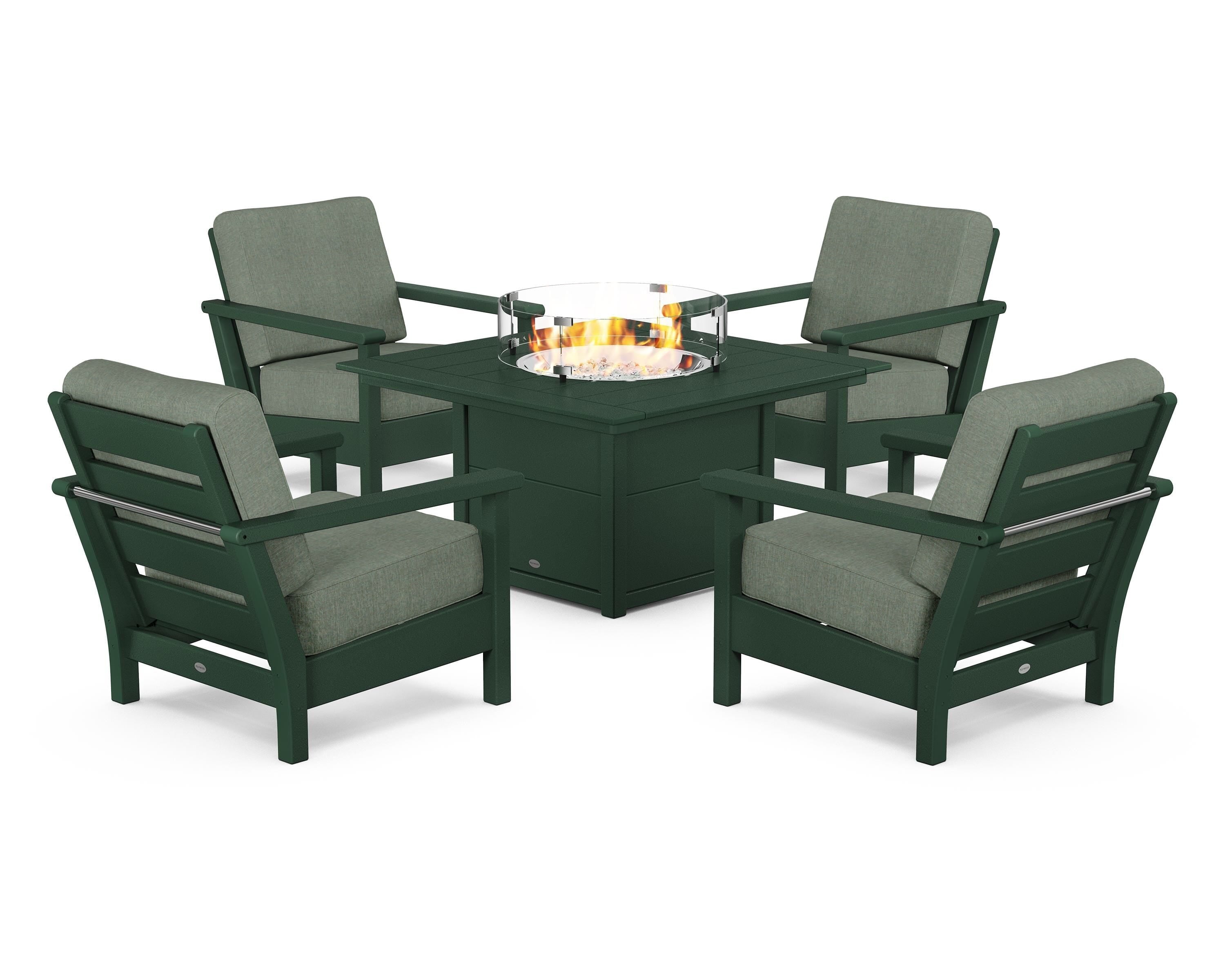 POLYWOOD® Harbour 5-Piece Conversation Set with Fire Pit Table in Green / Cast Sage