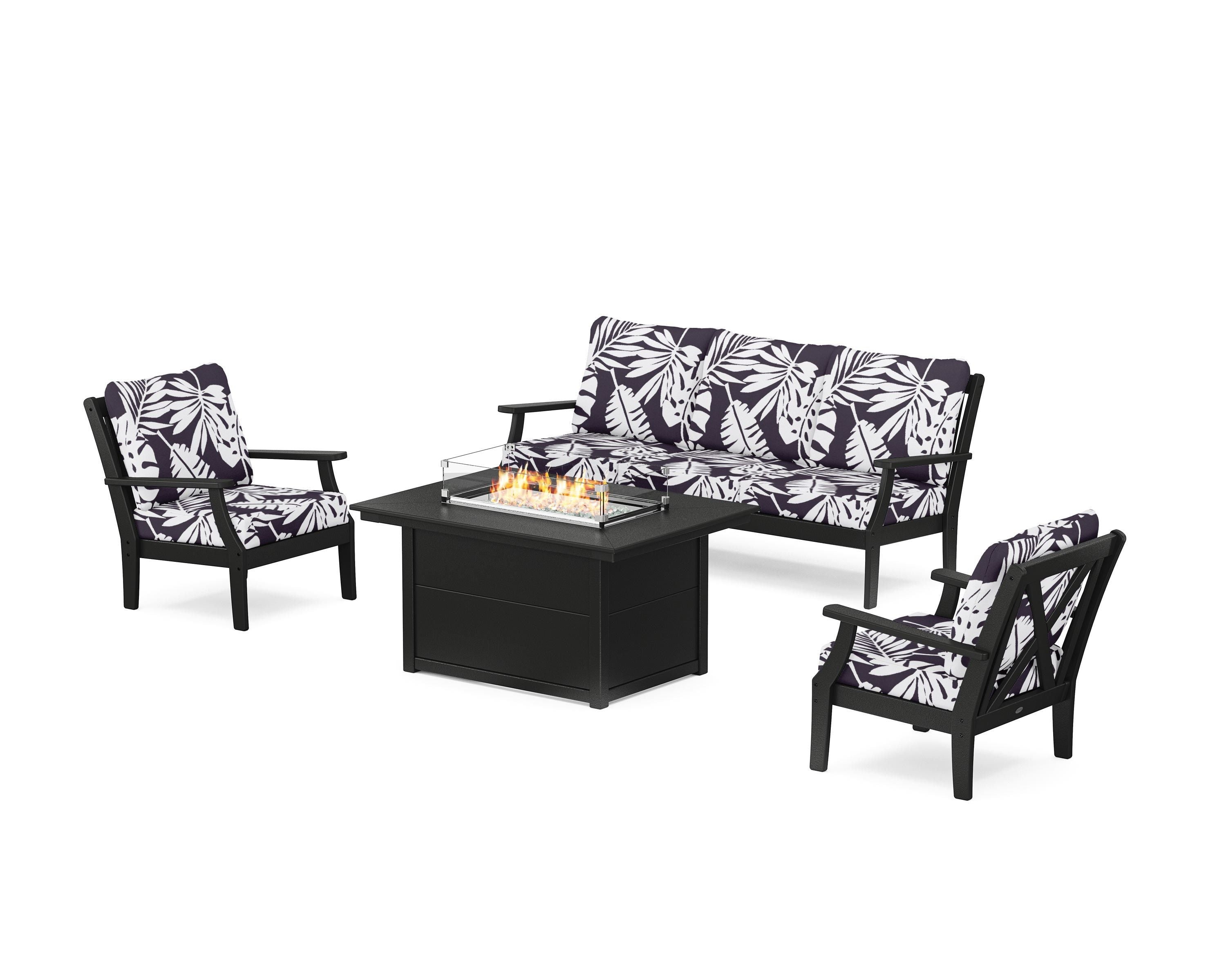POLYWOOD® Braxton Deep Seating Fire Pit Table Set in Black / Leaf Navy