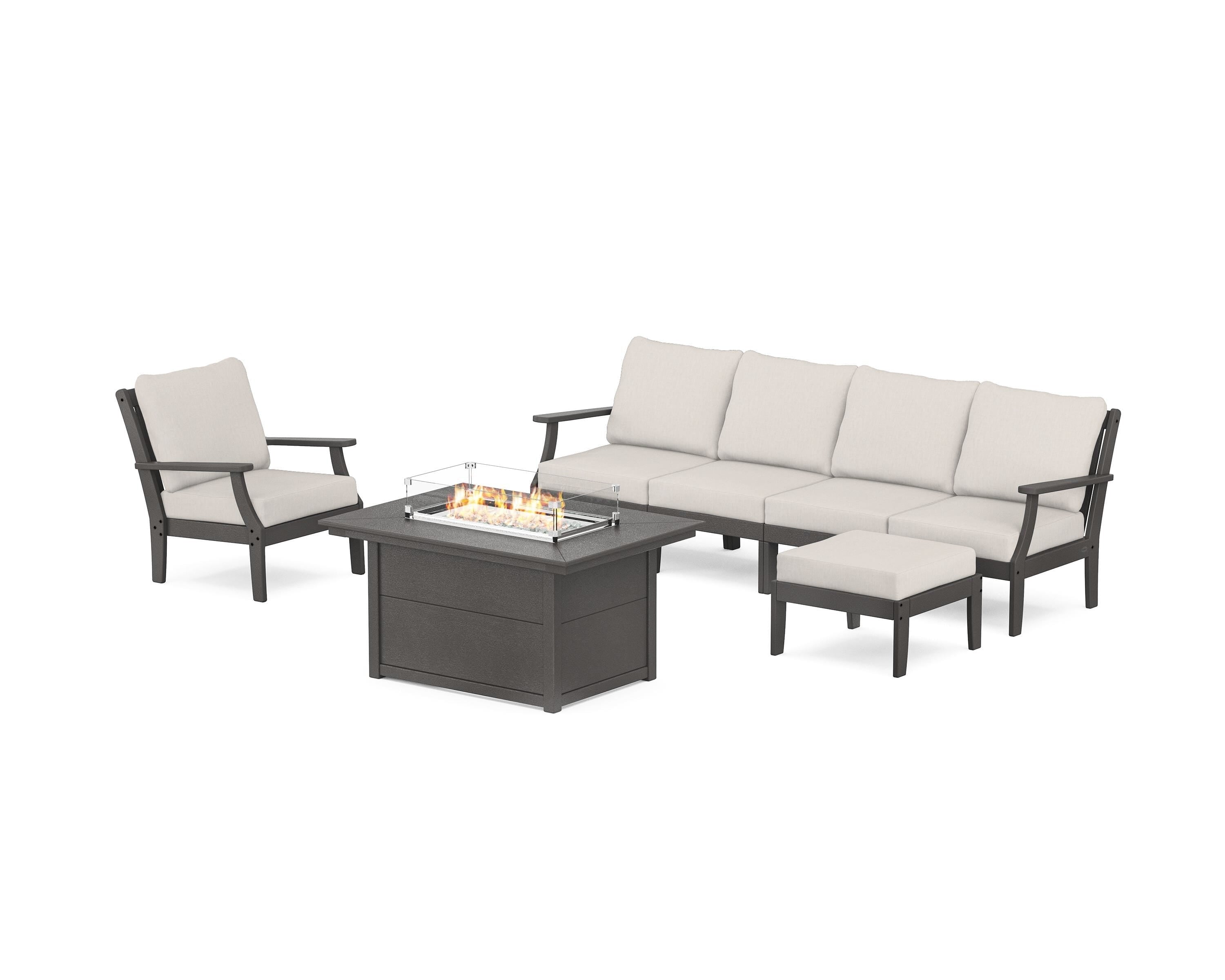POLYWOOD® Braxton Sectional Lounge and Fire Pit Set in Vintage Coffee / Cast Ash