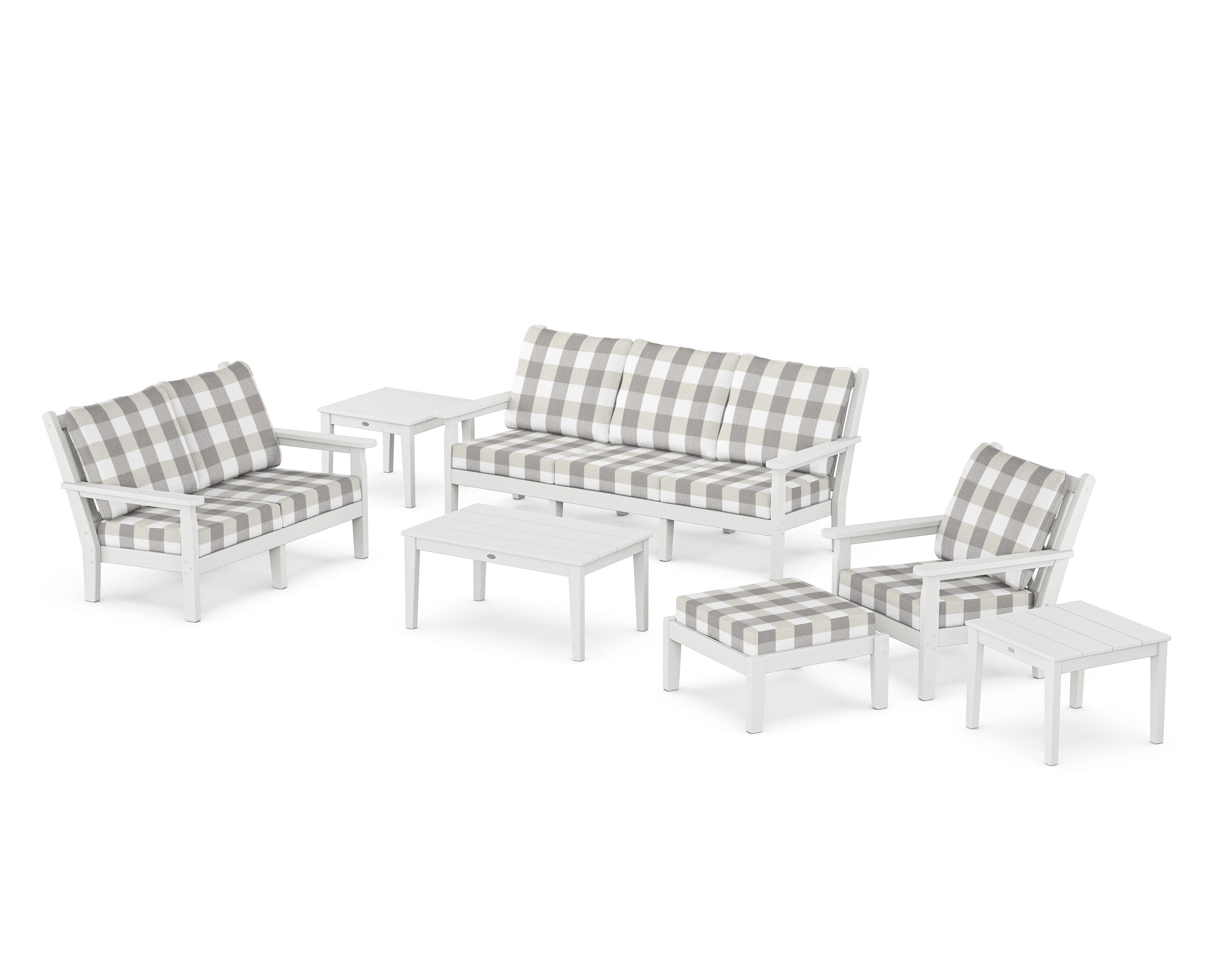 POLYWOOD® Chippendale 7-Piece Deep Seating Set in White / Buffalo Plaid Grey Mist