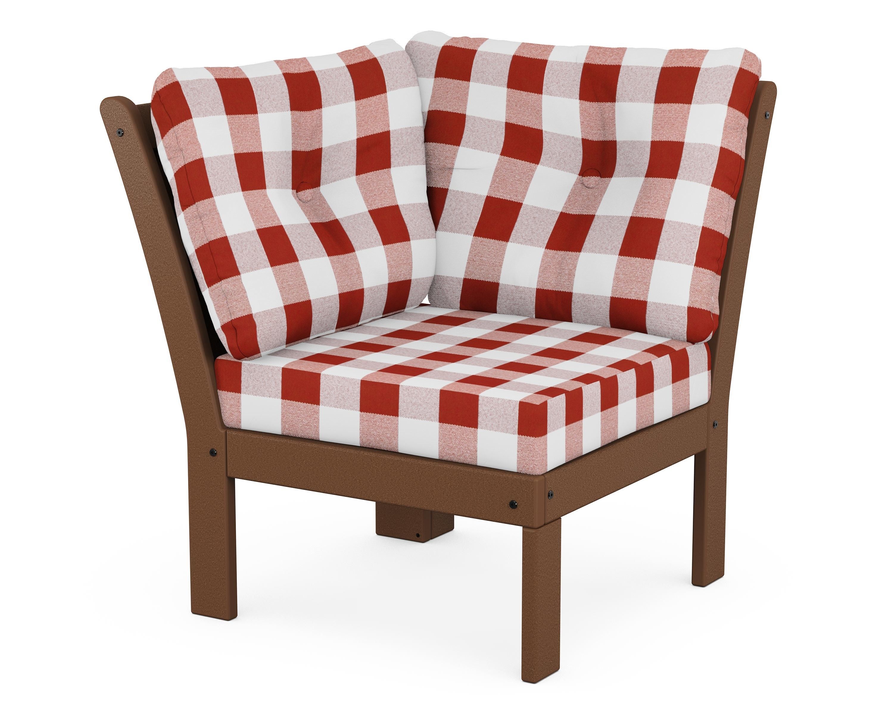 POLYWOOD® Vineyard Modular Corner Chair in Teak / Buffalo Plaid Crimson