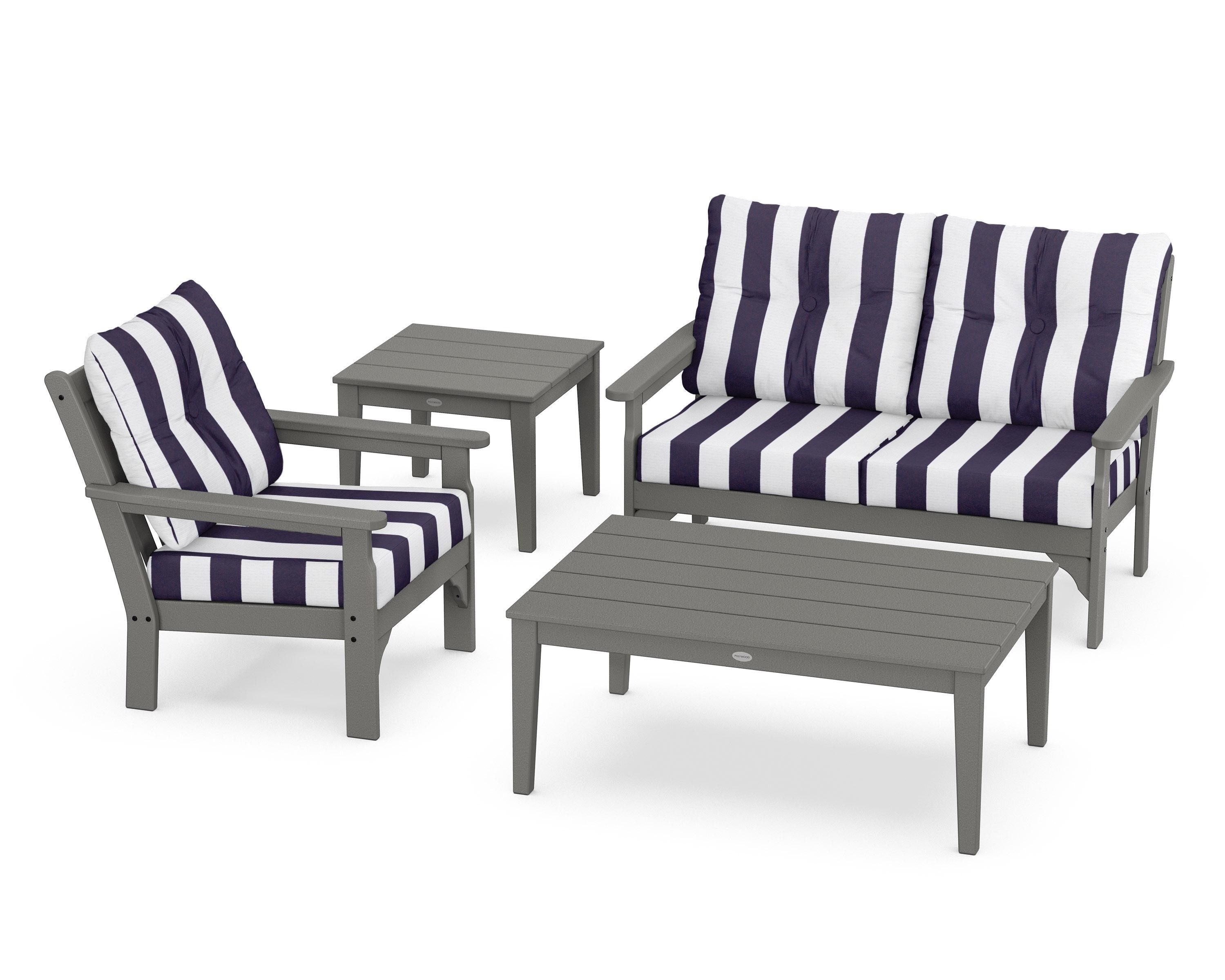 POLYWOOD® Vineyard 4-Piece Deep Seating Set in Slate Grey / Cabana Stripe Navy