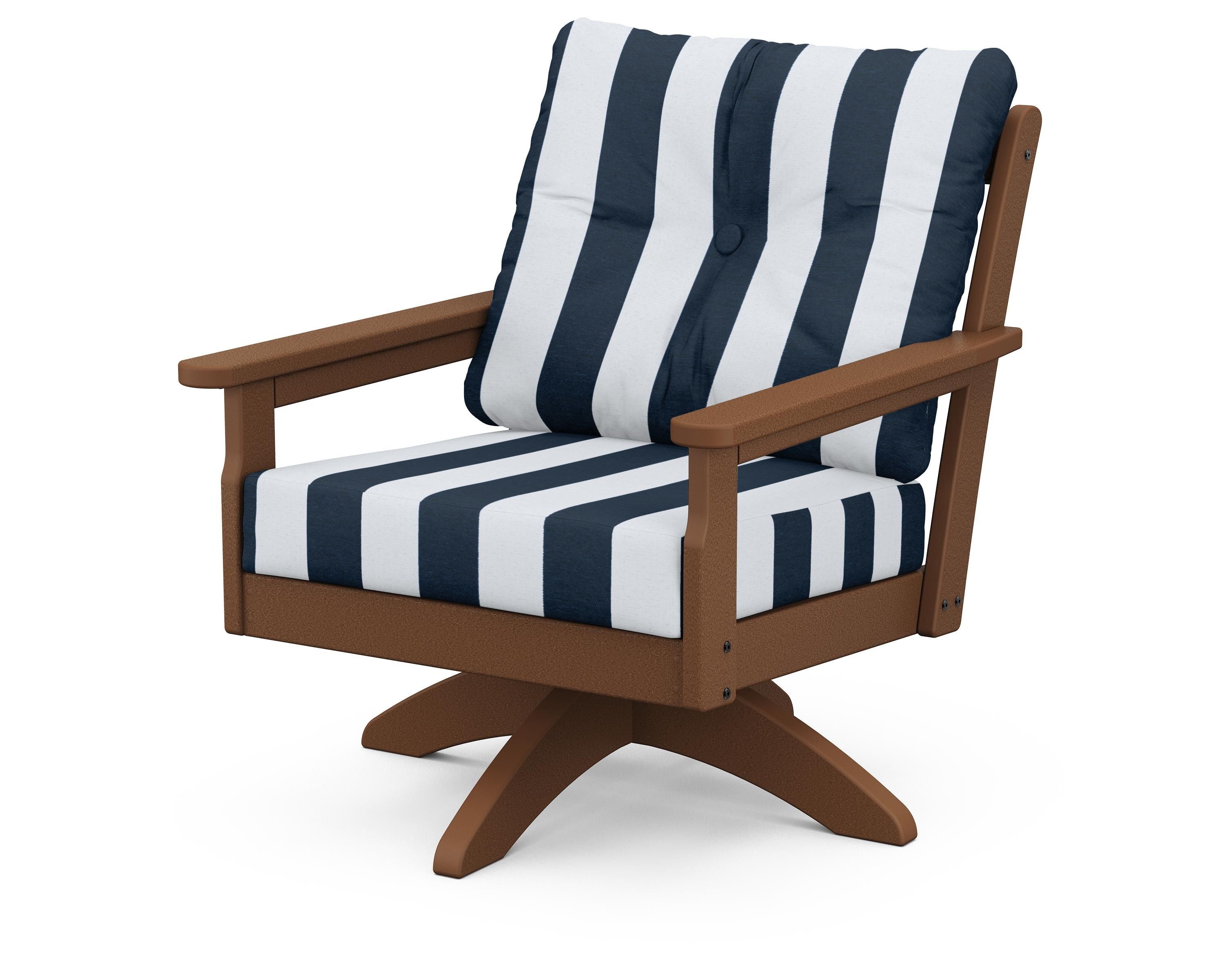 POLYWOOD® Vineyard Deep Seating Swivel Chair in Teak / Cabana Stripe Marine Indigo