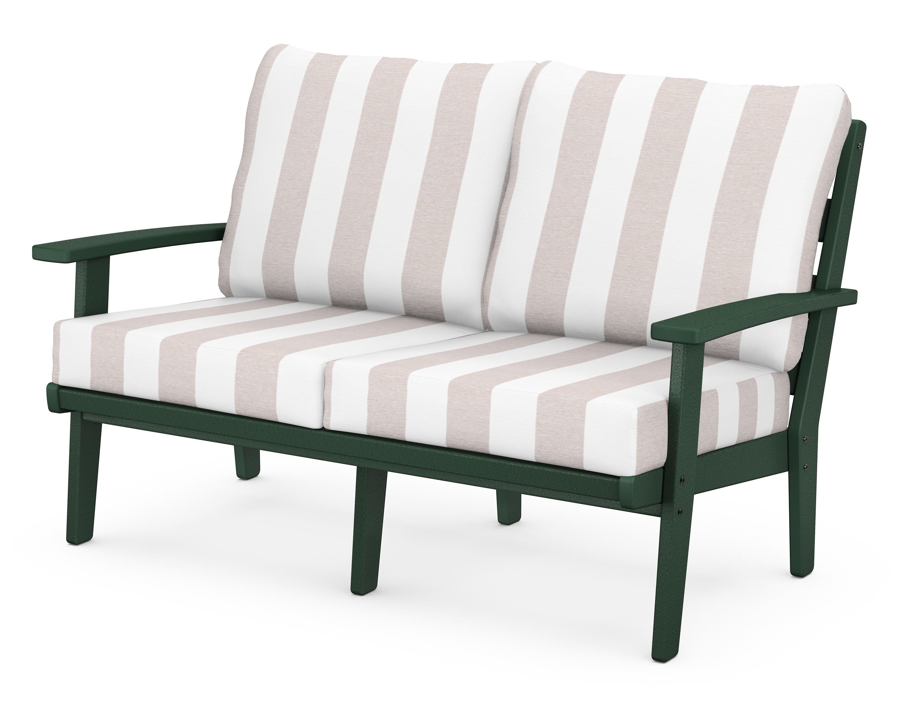 POLYWOOD® Grant Park Deep Seating Loveseat in Green / Cabana Stripe Dune Burlap