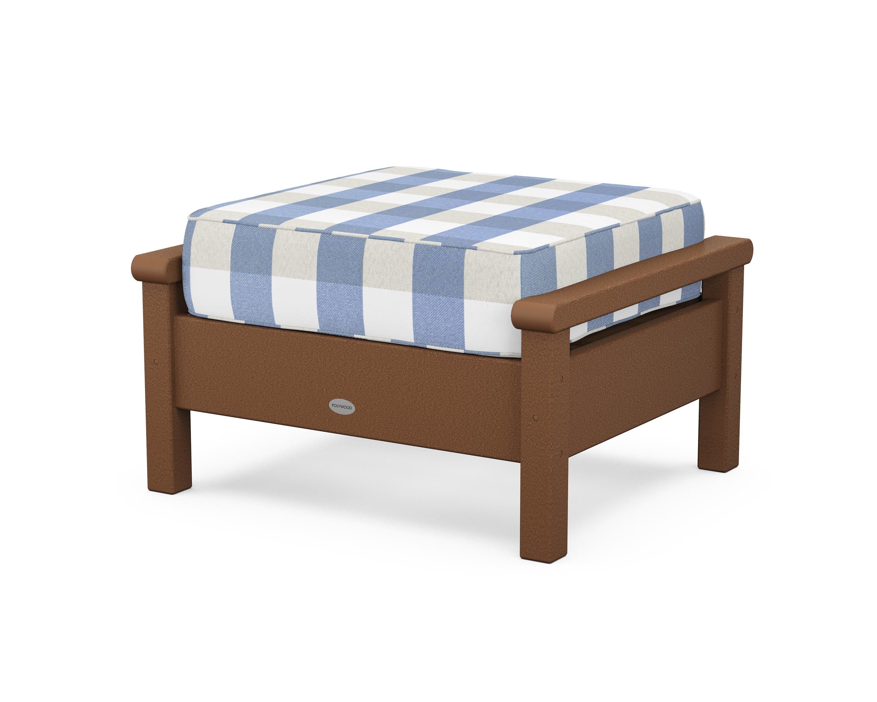 POLYWOOD® Harbour Deep Seating Ottoman in Teak / Buffalo Plaid Sky Blue