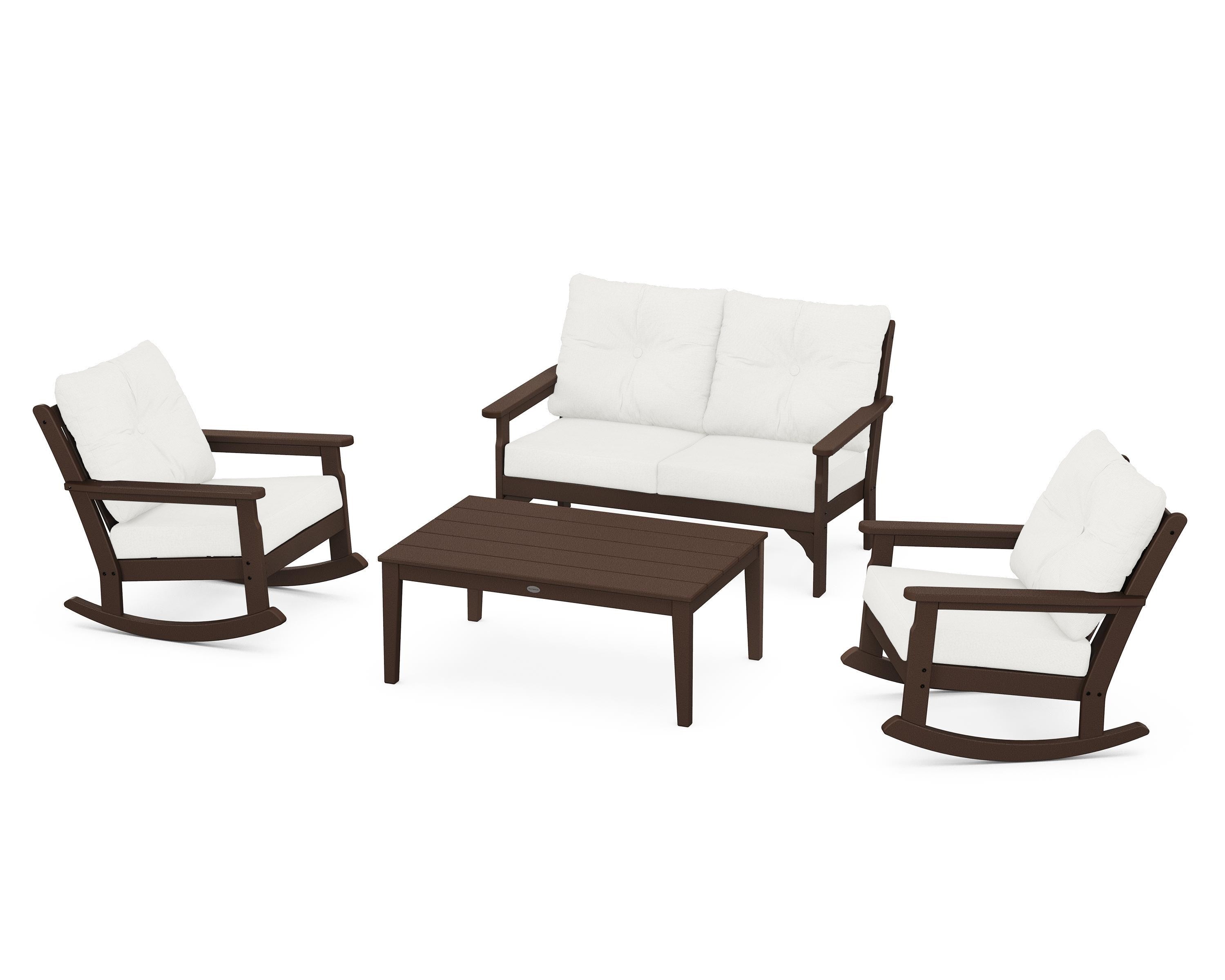 POLYWOOD® Vineyard 4-Piece Deep Seating Rocking Chair Set in Mahogany / Natural Linen