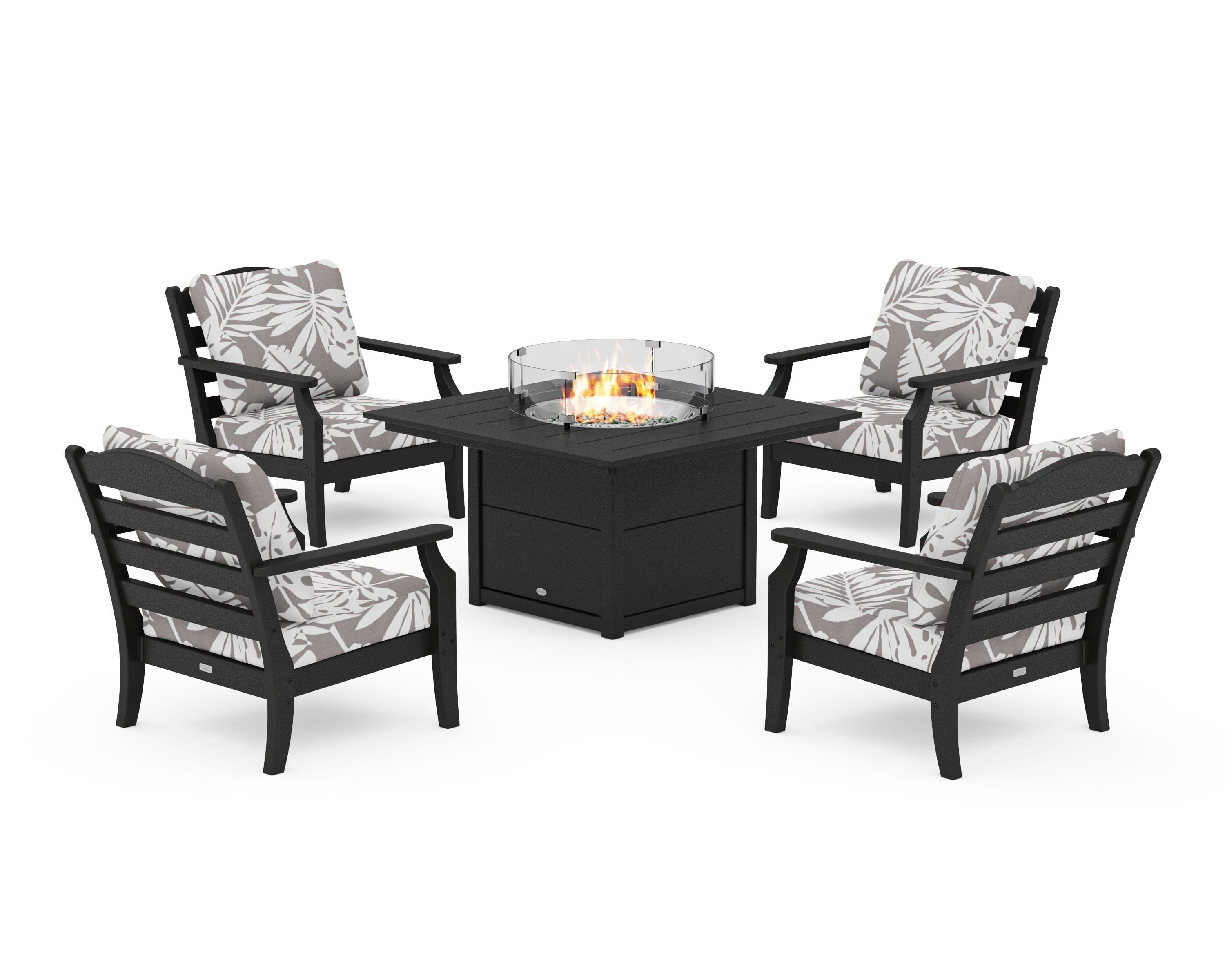 Draper James™ by POLYWOOD® Savannah 5-Piece Deep Seating Set with Fire Pit Table in Black / Leaf Grey Mist
