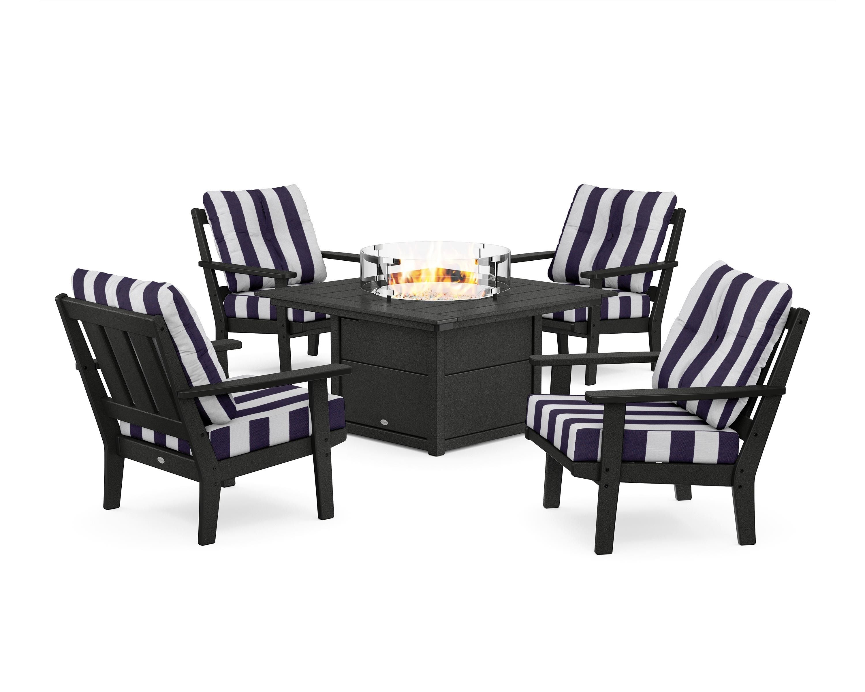 POLYWOOD® Oxford 5-Piece Deep Seating Set with Fire Pit Table in Black / Cabana Stripe Navy