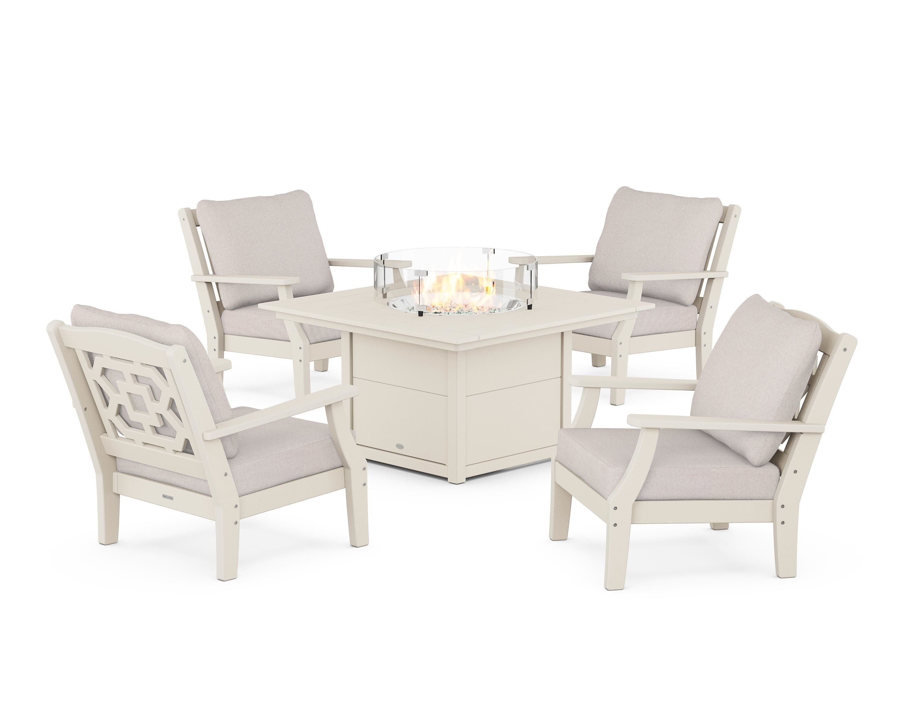 Martha Stewart by POLYWOOD® Chinoiserie 5-Piece Deep Seating Set with Fire Pit Table in Sand / Dune Burlap