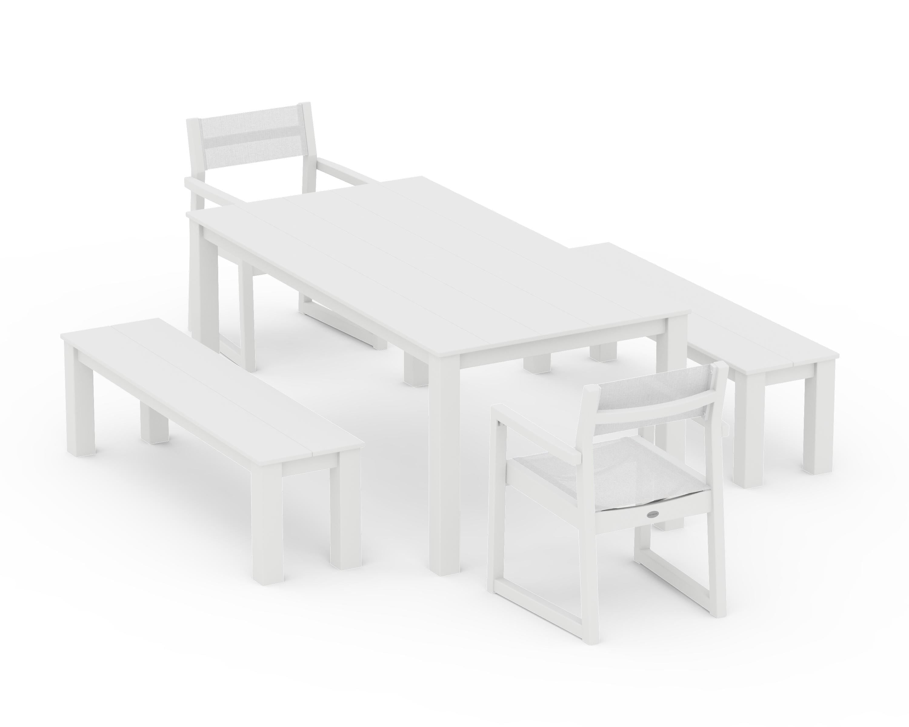 POLYWOOD® EDGE Sling Arm Chair 5-Piece Parsons Dining Set with Benches in White / White Sling