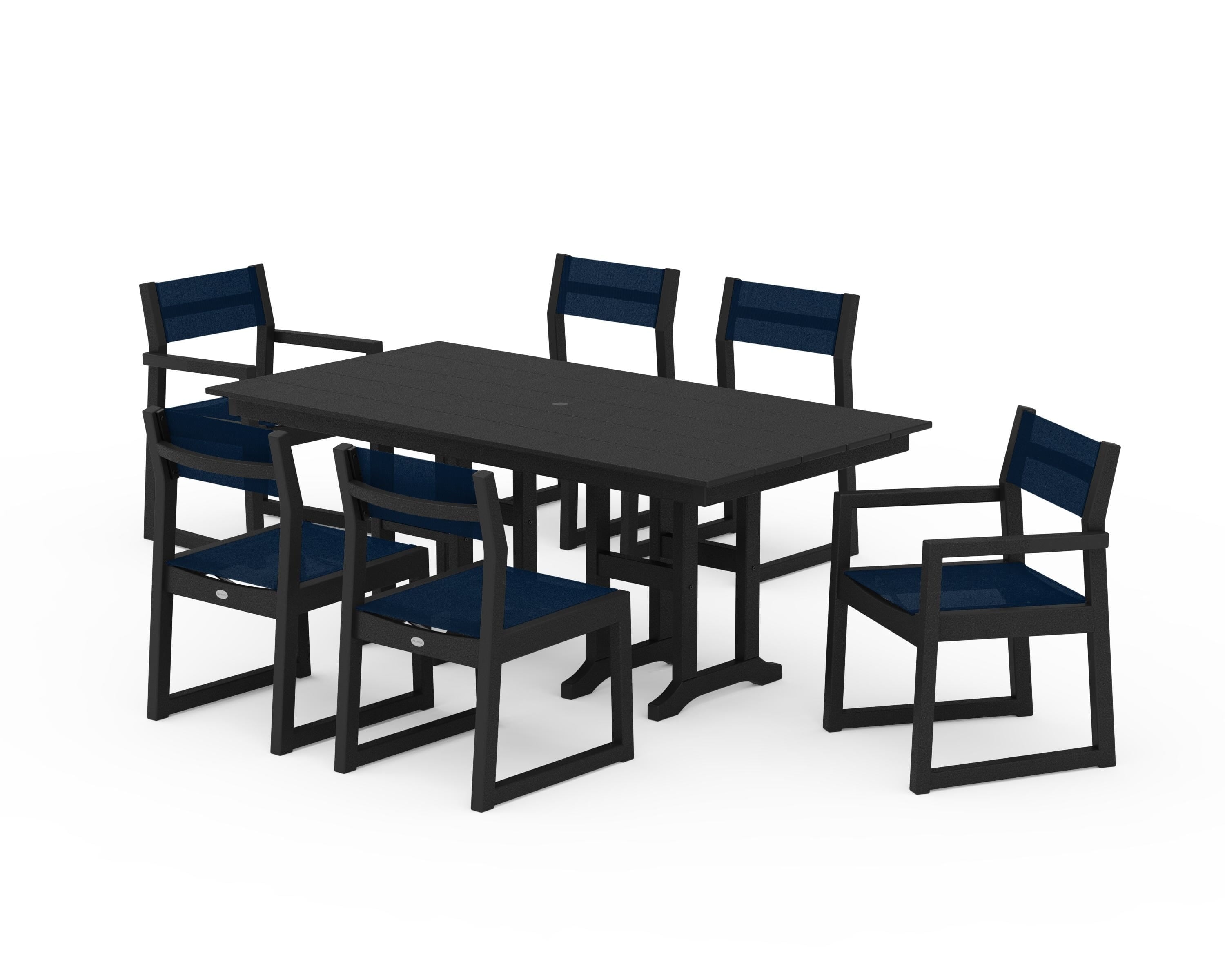 POLYWOOD® EDGE Sling 7-Piece Farmhouse Dining Set in Black / Navy Blue Sling