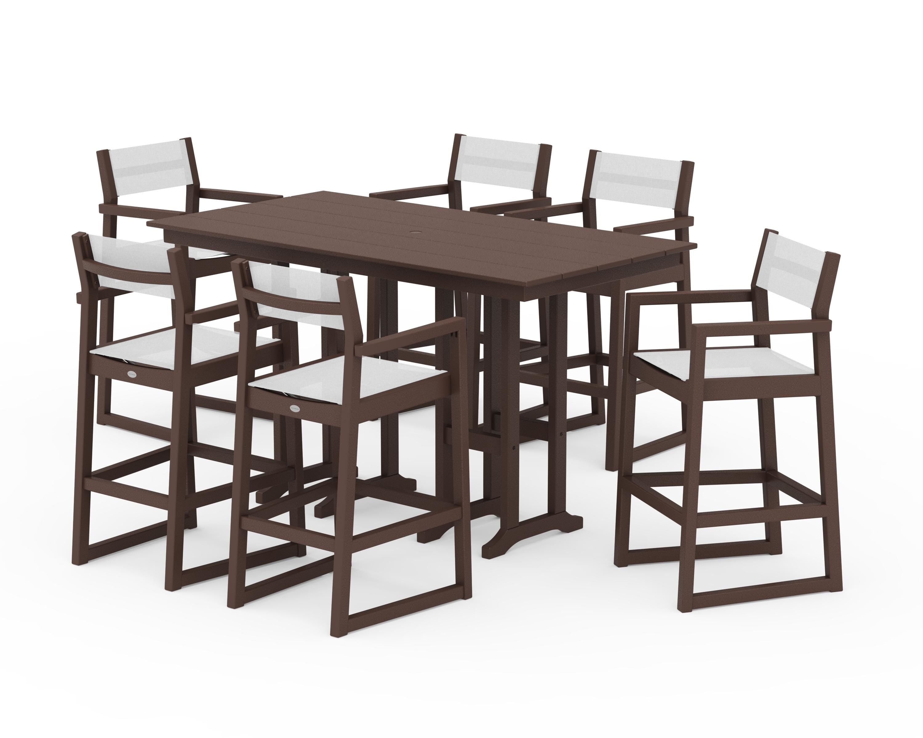 POLYWOOD® EDGE Sling Arm Chair 7-Piece Farmhouse Bar Set in Mahogany / White Sling