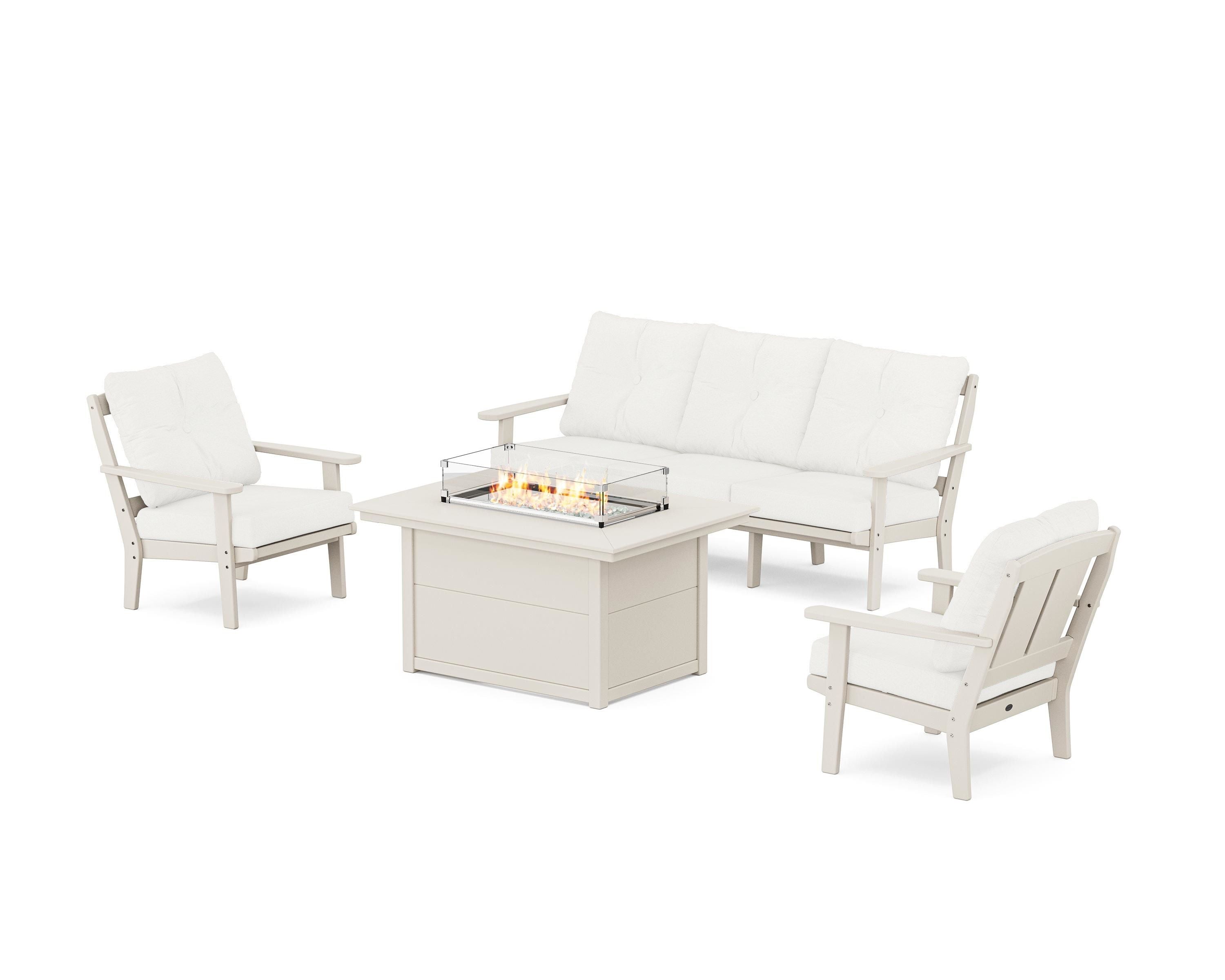 POLYWOOD® Mission Deep Seating Fire Pit Table Set in Sand / Natural Linen