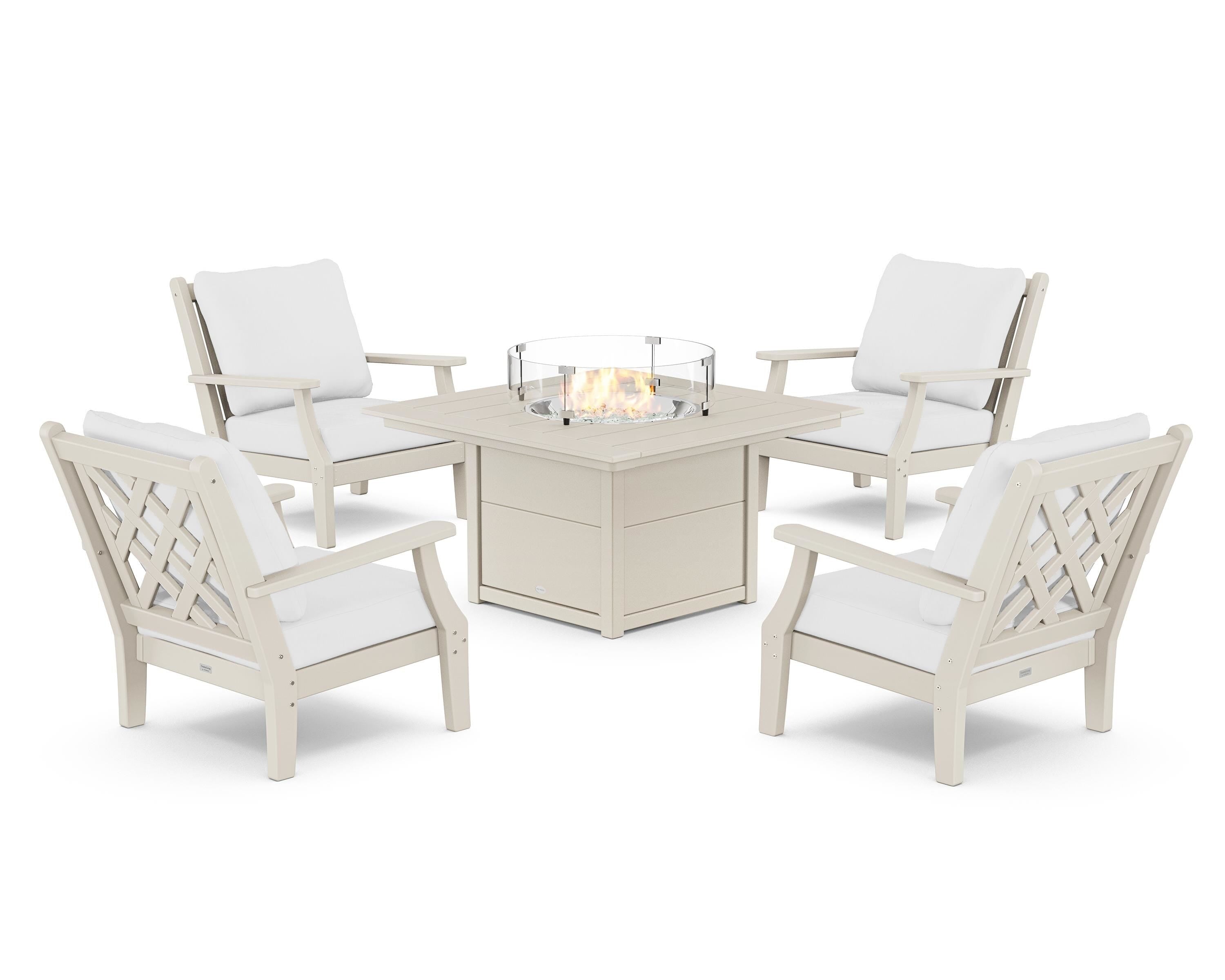 Country Living Wovendale 5-Piece Deep Seating Set with Fire Pit Table in Sand / Natural
