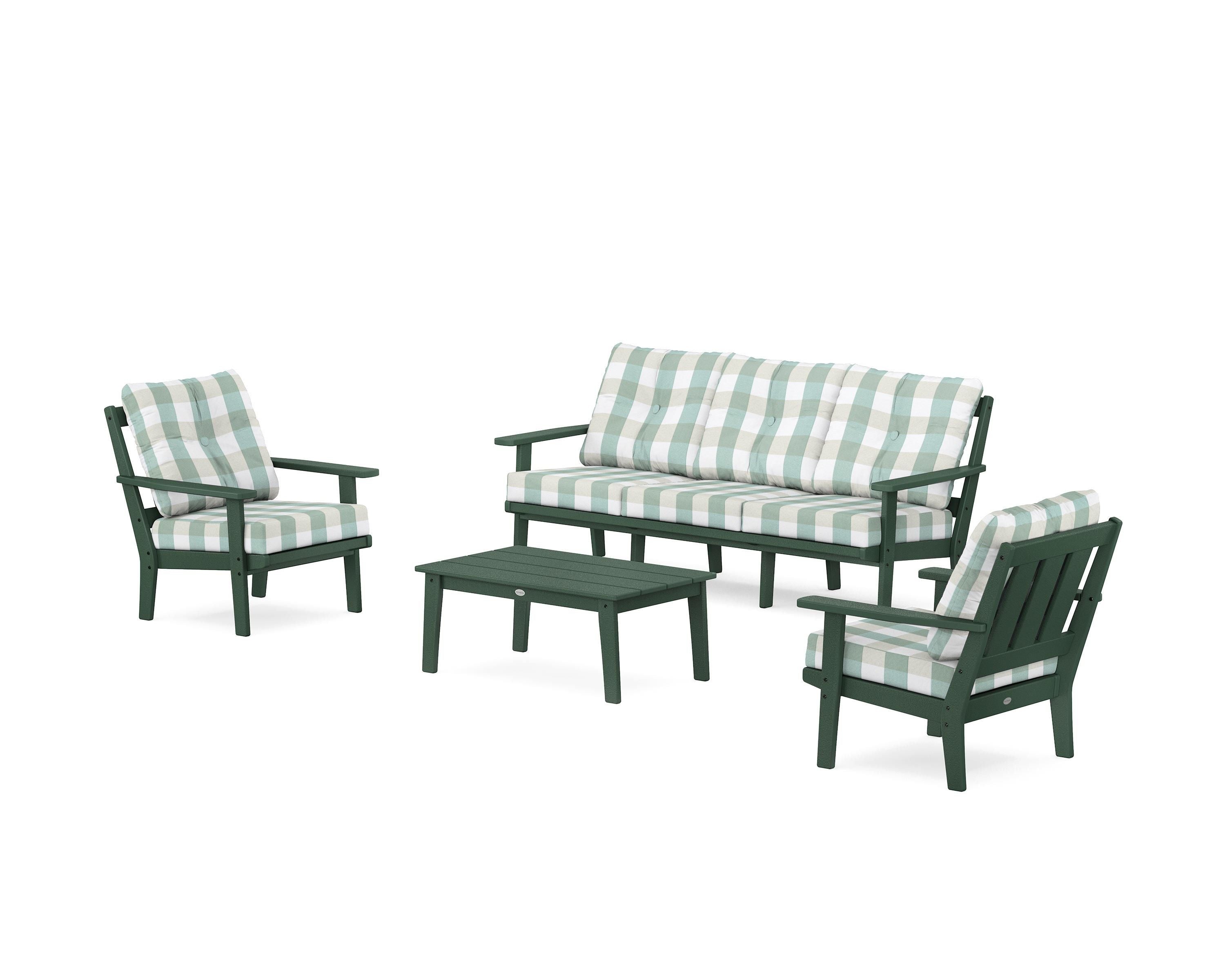 POLYWOOD® Oxford 4-Piece Deep Seating Set with Sofa in Green / Buffalo Plaid Glacier Spa
