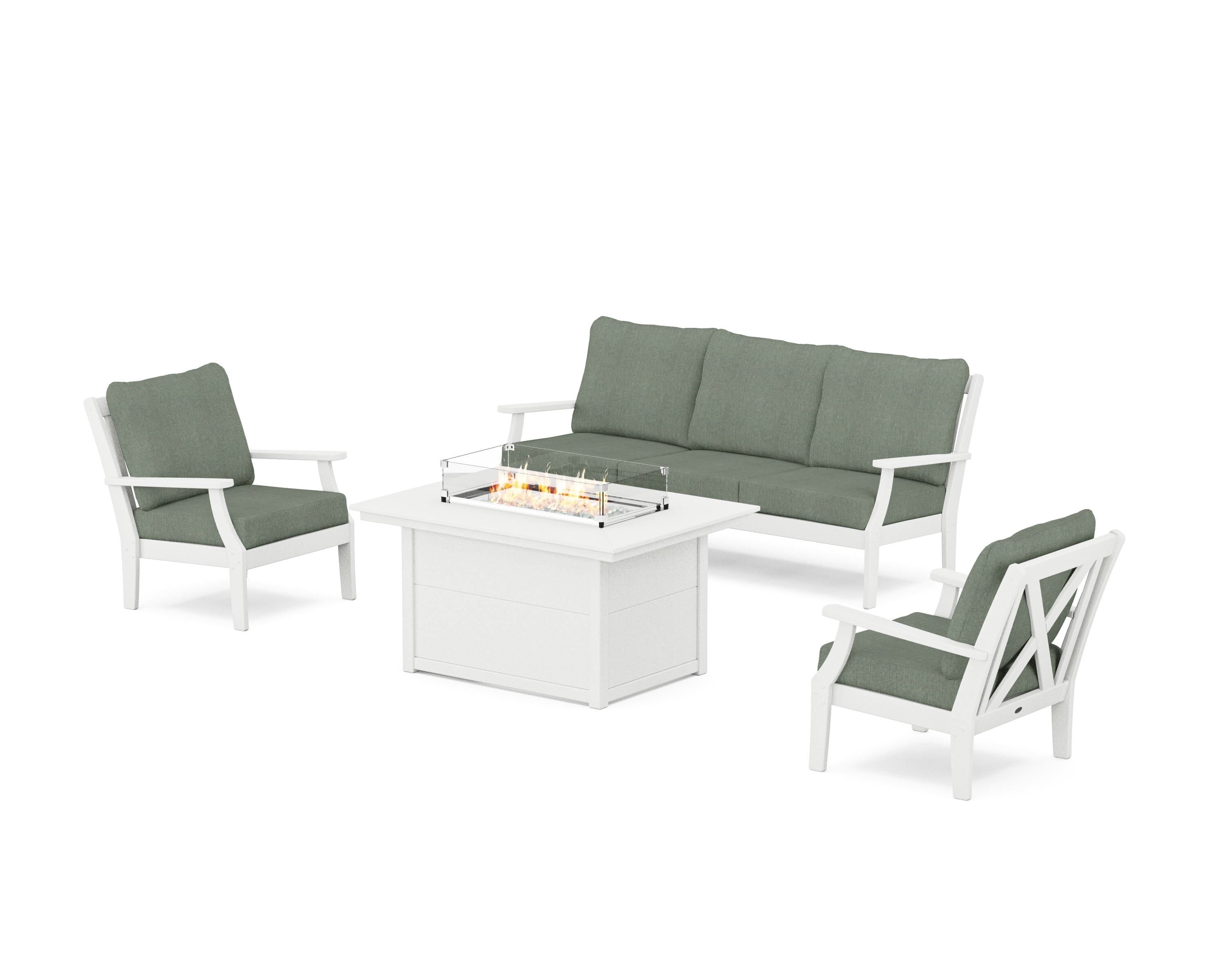 POLYWOOD® Braxton Deep Seating Fire Pit Table Set in Vintage White / Cast Sage