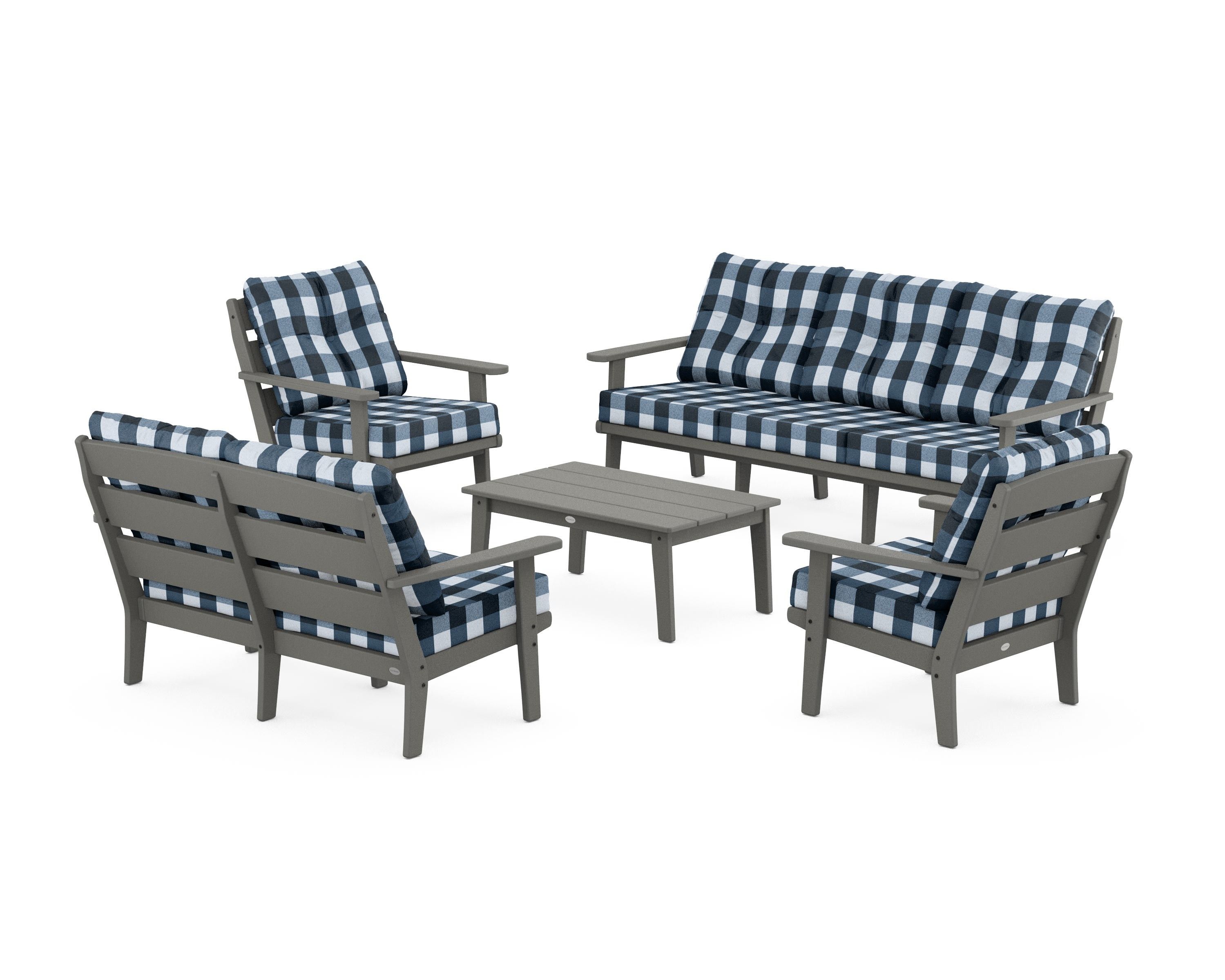 POLYWOOD® Lakeside 5-Piece Lounge Sofa Set in Slate Grey / Buffalo Plaid Marine Indigo