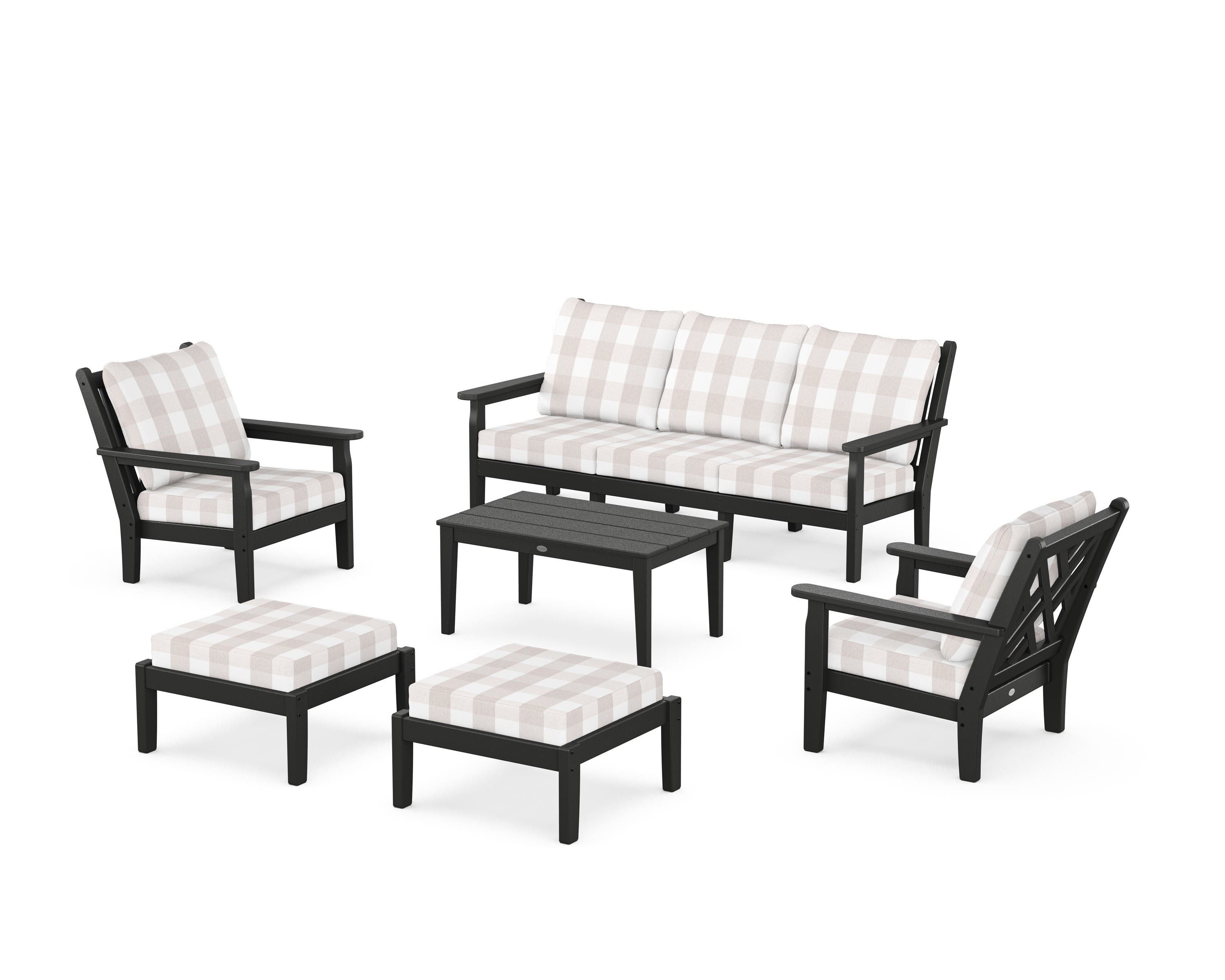 POLYWOOD® Chippendale 6-Piece Lounge Sofa Set in Black / Buffalo Plaid Dune Burlap