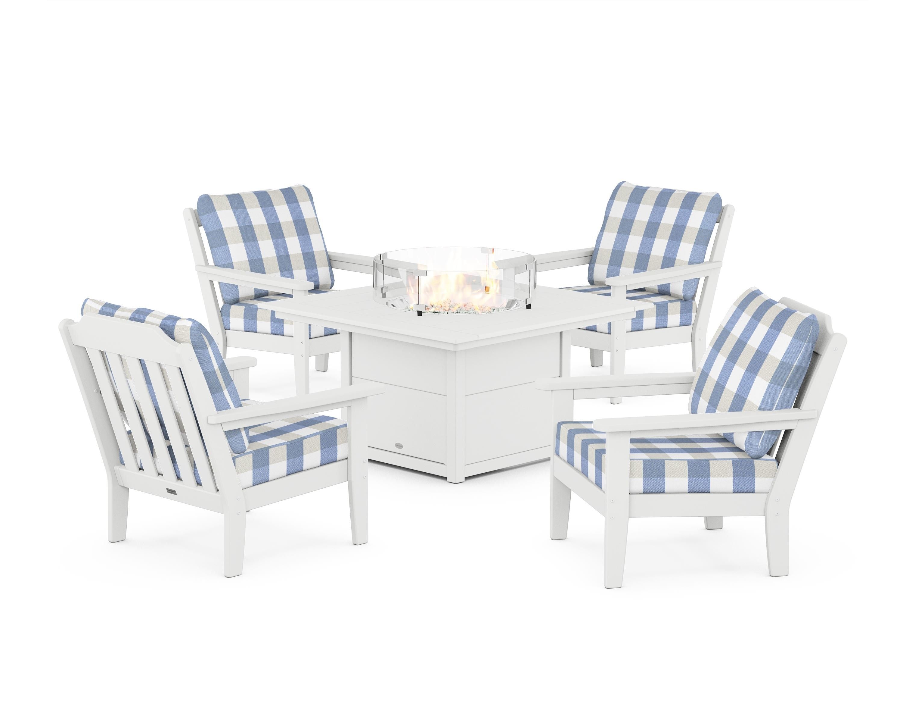 Country Living Cottage 5-Piece Deep Seating Set with Fire Pit Table in White / Buffalo Plaid Sky Blue
