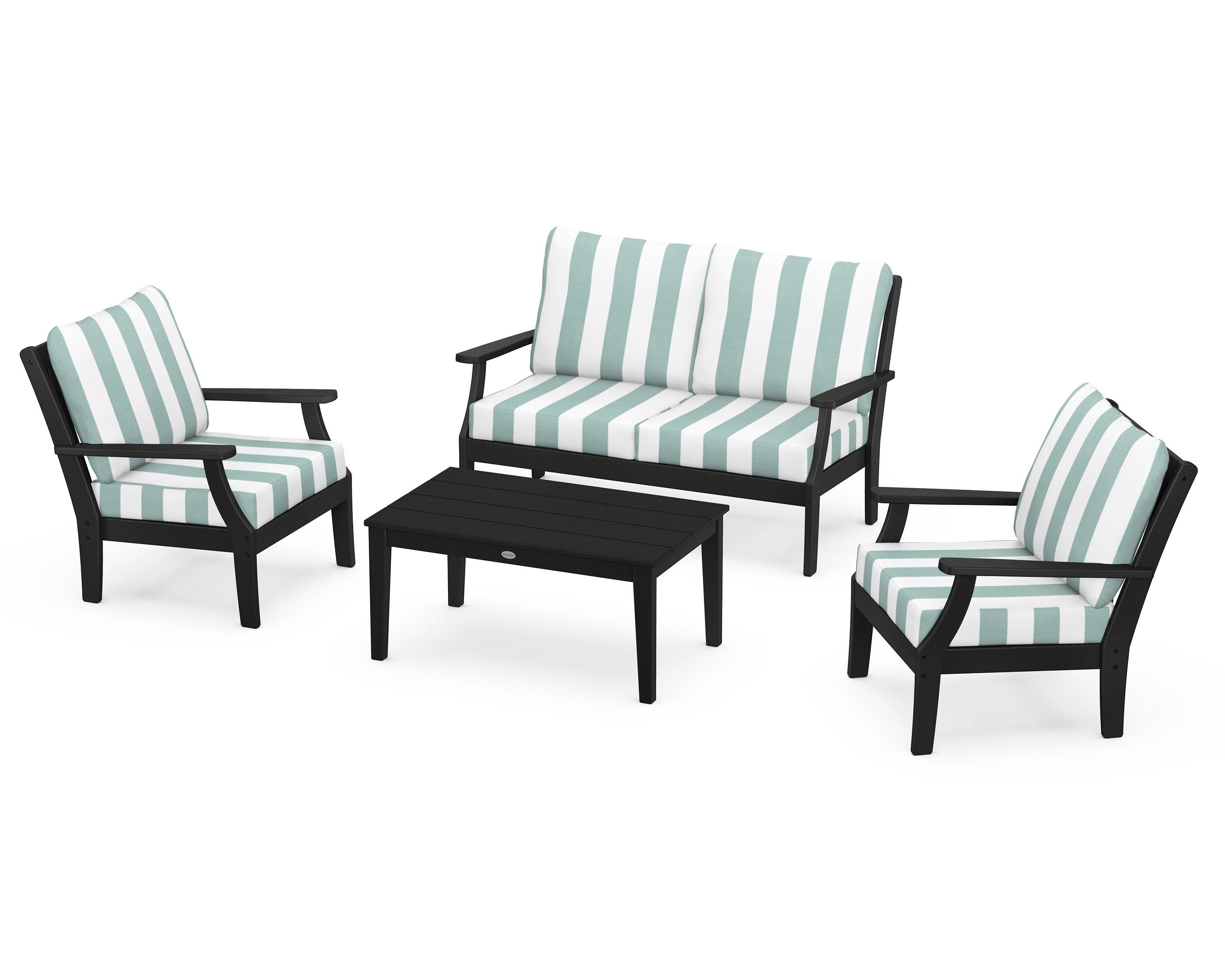 POLYWOOD® Braxton 4-Piece Deep Seating Chair Set in Black / Cabana Stripe Glacier Spa
