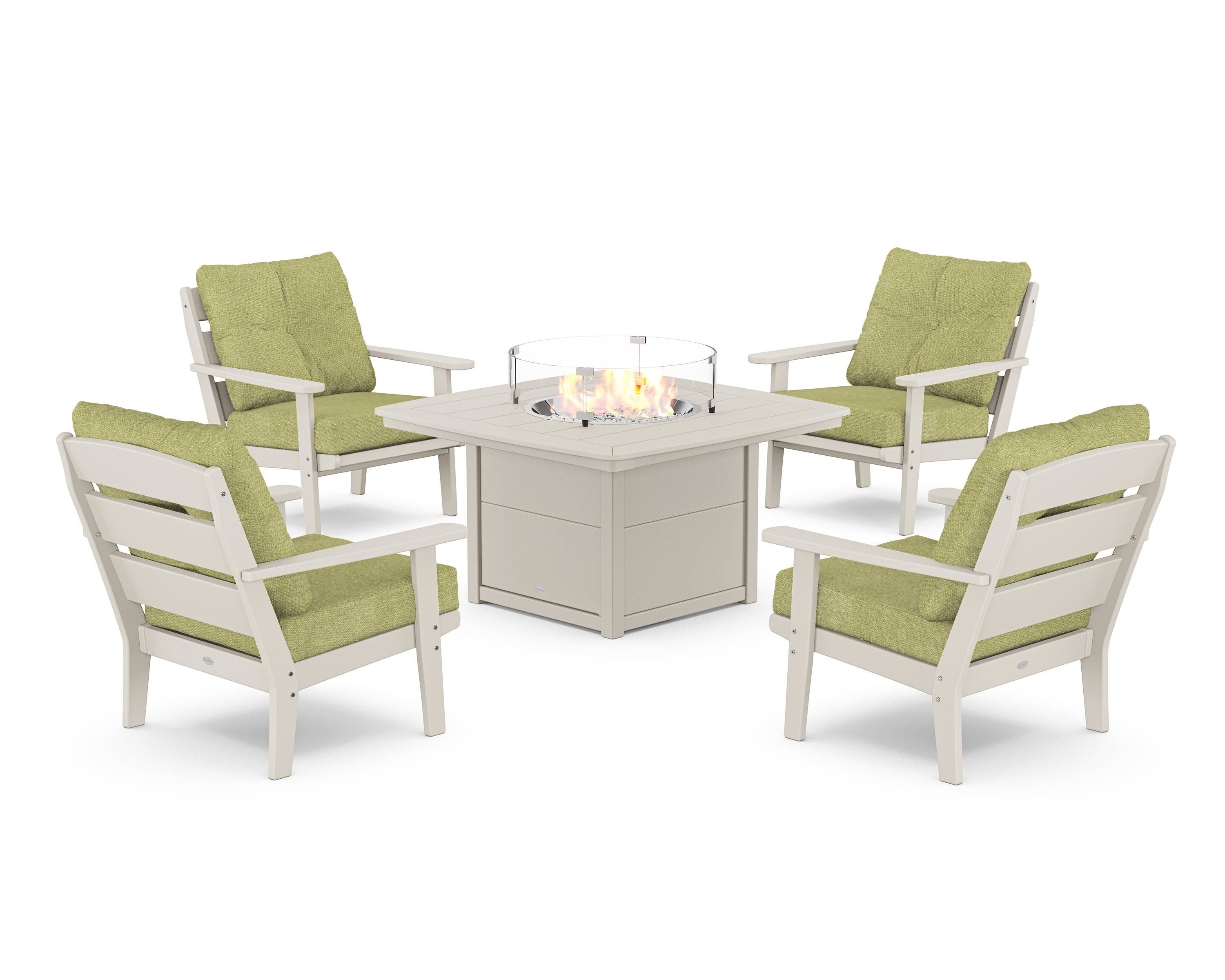 POLYWOOD® Lakeside 5-Piece Deep Seating Set with Nautical Fire Pit Table in Sand / Chartreuse Boucle