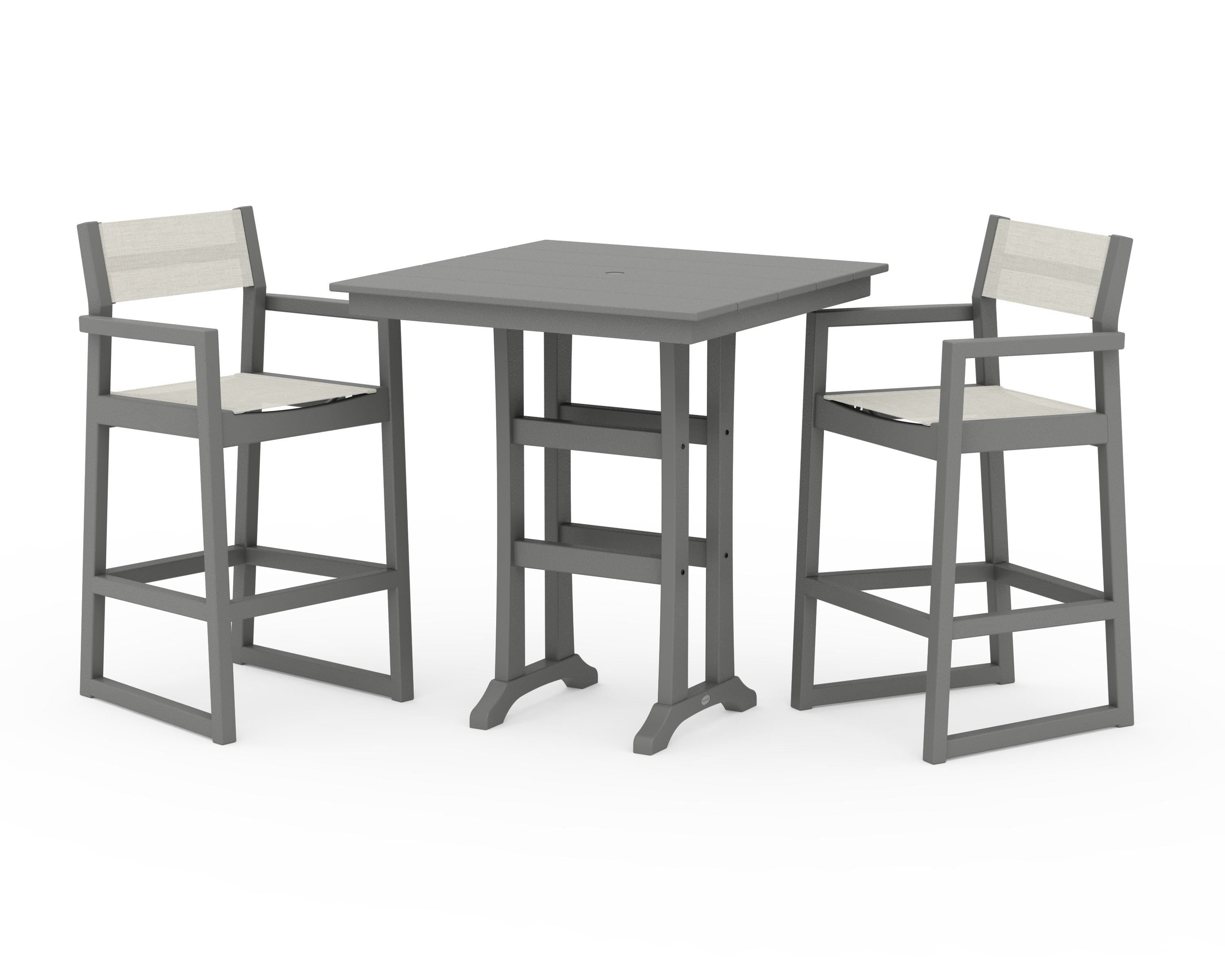 POLYWOOD® EDGE Sling Arm Chair 3-Piece Farmhouse Bar Set with Trestle Legs in Slate Grey / Parchment Sling