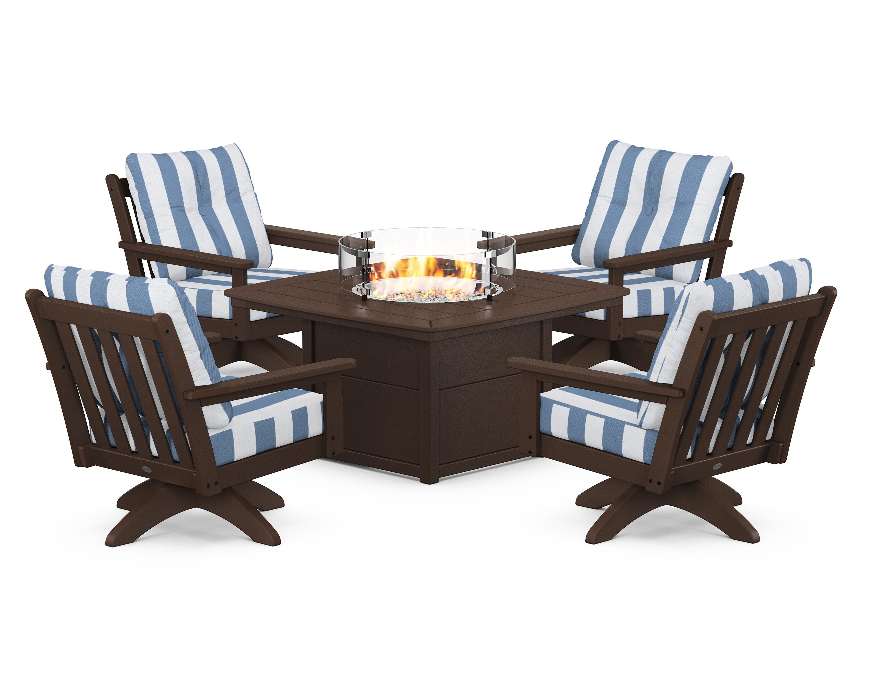 POLYWOOD® Vineyard 5-Piece Deep Seating Swivel Conversation Set with Fire Pit Table in Mahogany / Cabana Stripe Sky Blue
