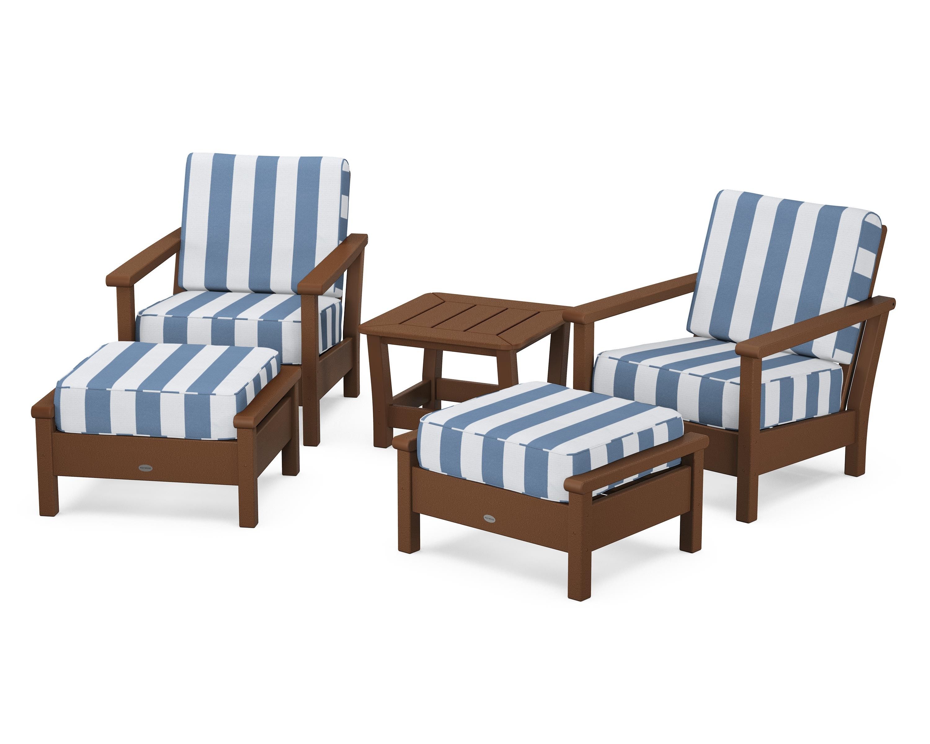 POLYWOOD® Harbour 5-Piece Deep Seating Chair Set in Teak / Cabana Stripe Sky Blue