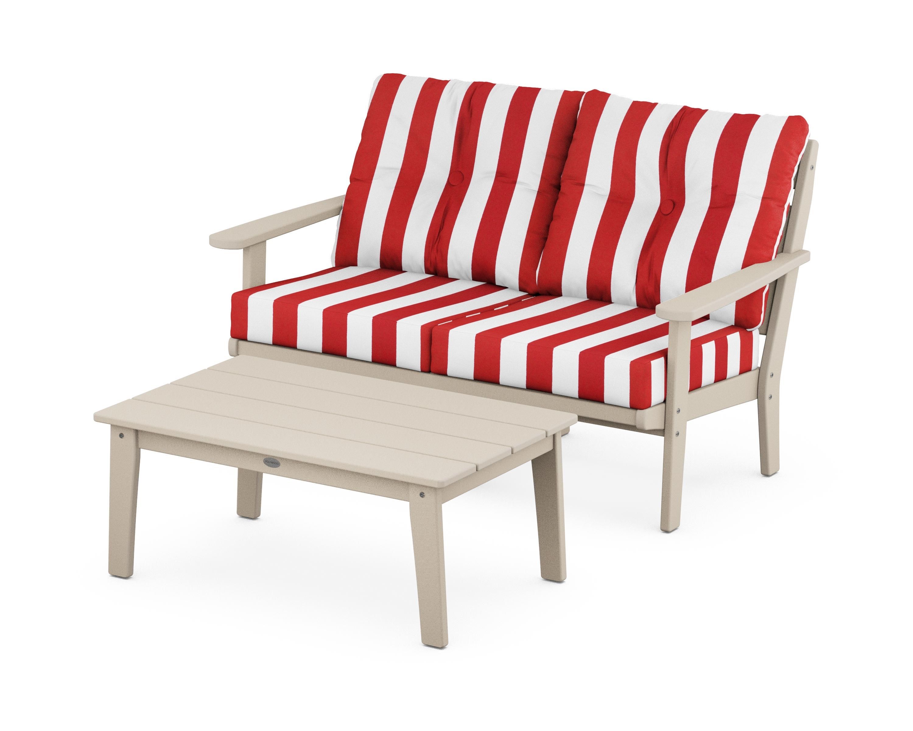POLYWOOD® Lakeside 2-Piece Lounge Loveseat Set in Sand / Cabana Stripe Crimson