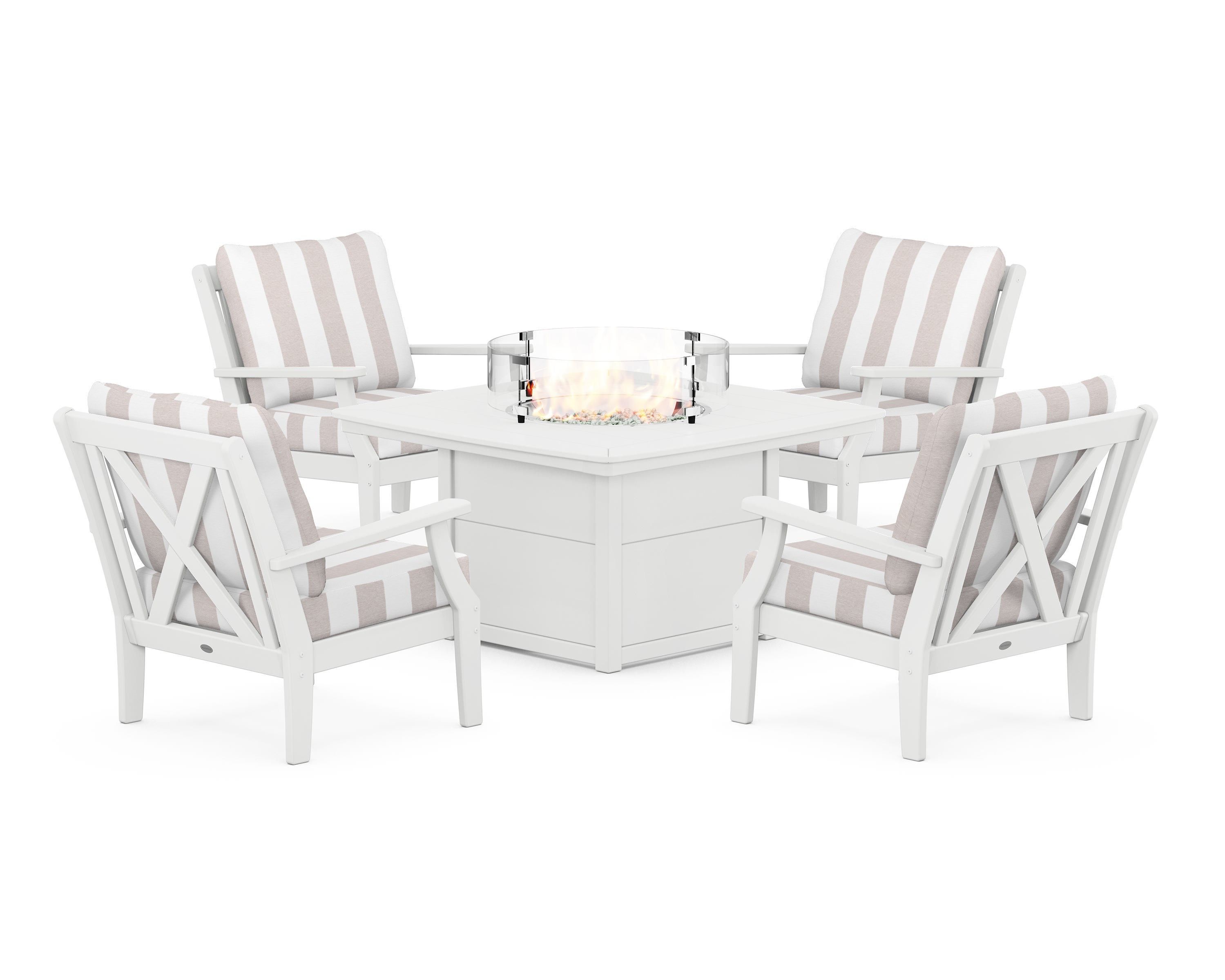 POLYWOOD® Braxton 5-Piece Deep Seating Conversation Set with Fire Pit Table in White / Cabana Stripe Dune Burlap