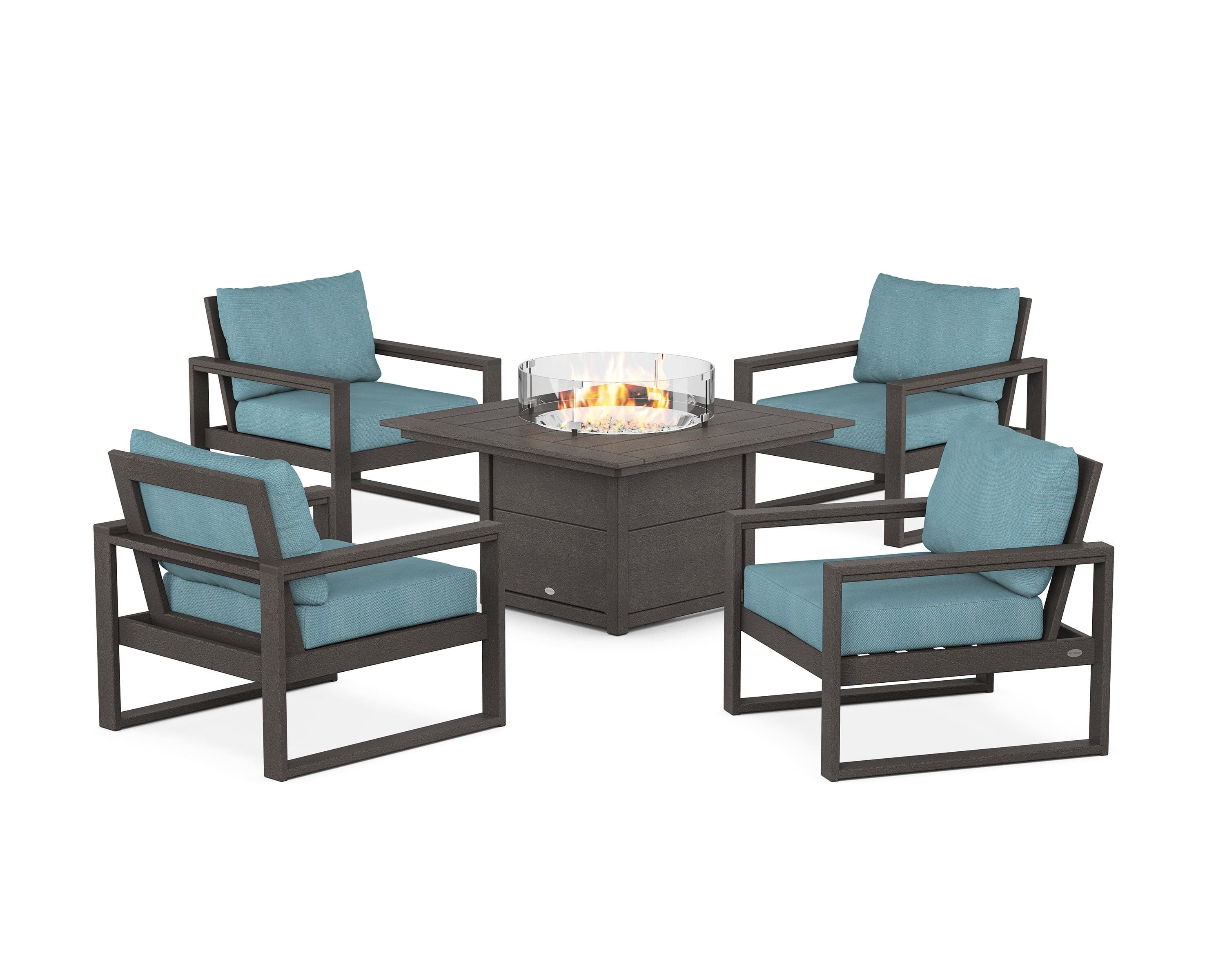 POLYWOOD® EDGE Sectional 5-Piece Deep Seating Set with Fire Pit Table in Vintage Coffee / Lattice Sky Blue
