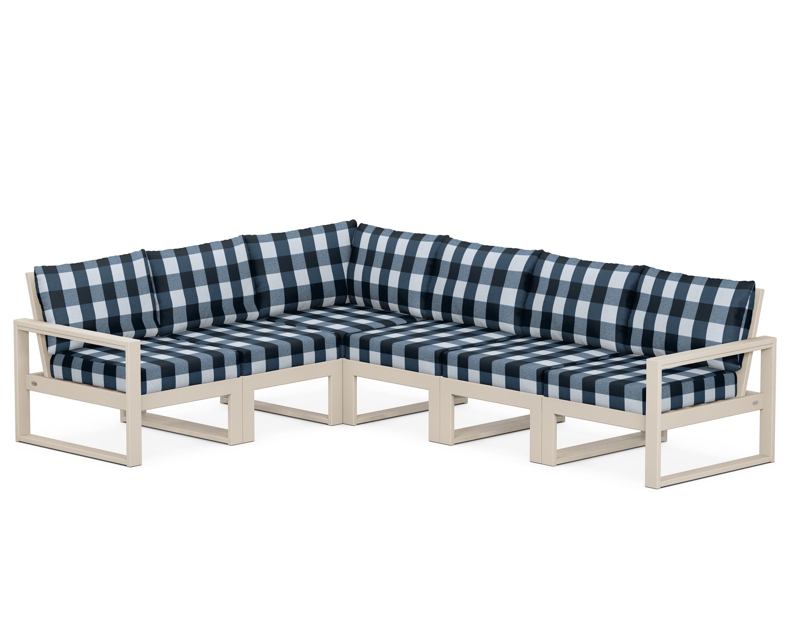 POLYWOOD® EDGE 6-Piece Modular Deep Seating Set in Sand / Buffalo Plaid Marine Indigo