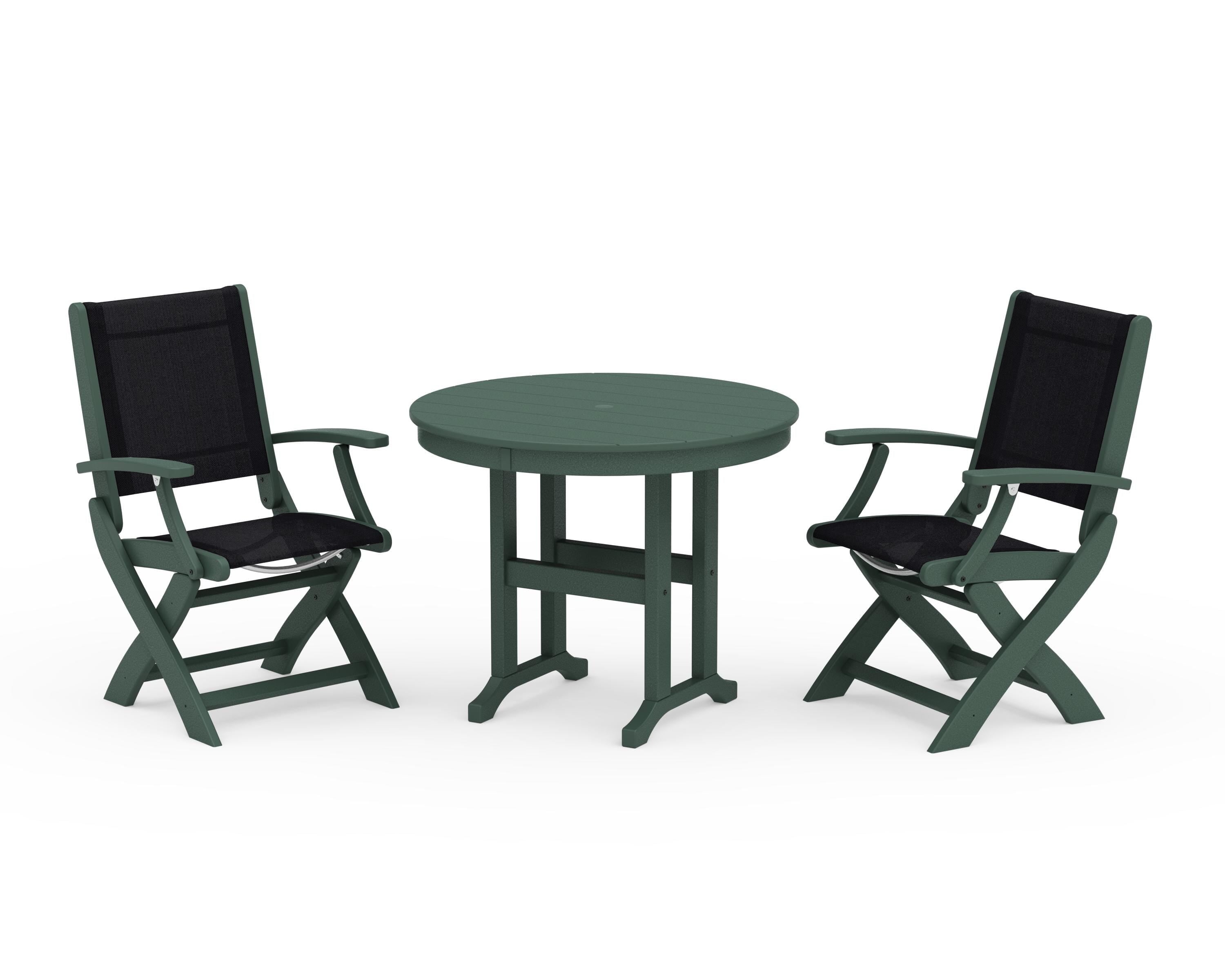 POLYWOOD® Coastal Folding Chair 3-Piece Round Dining Set in Green / Black Sling