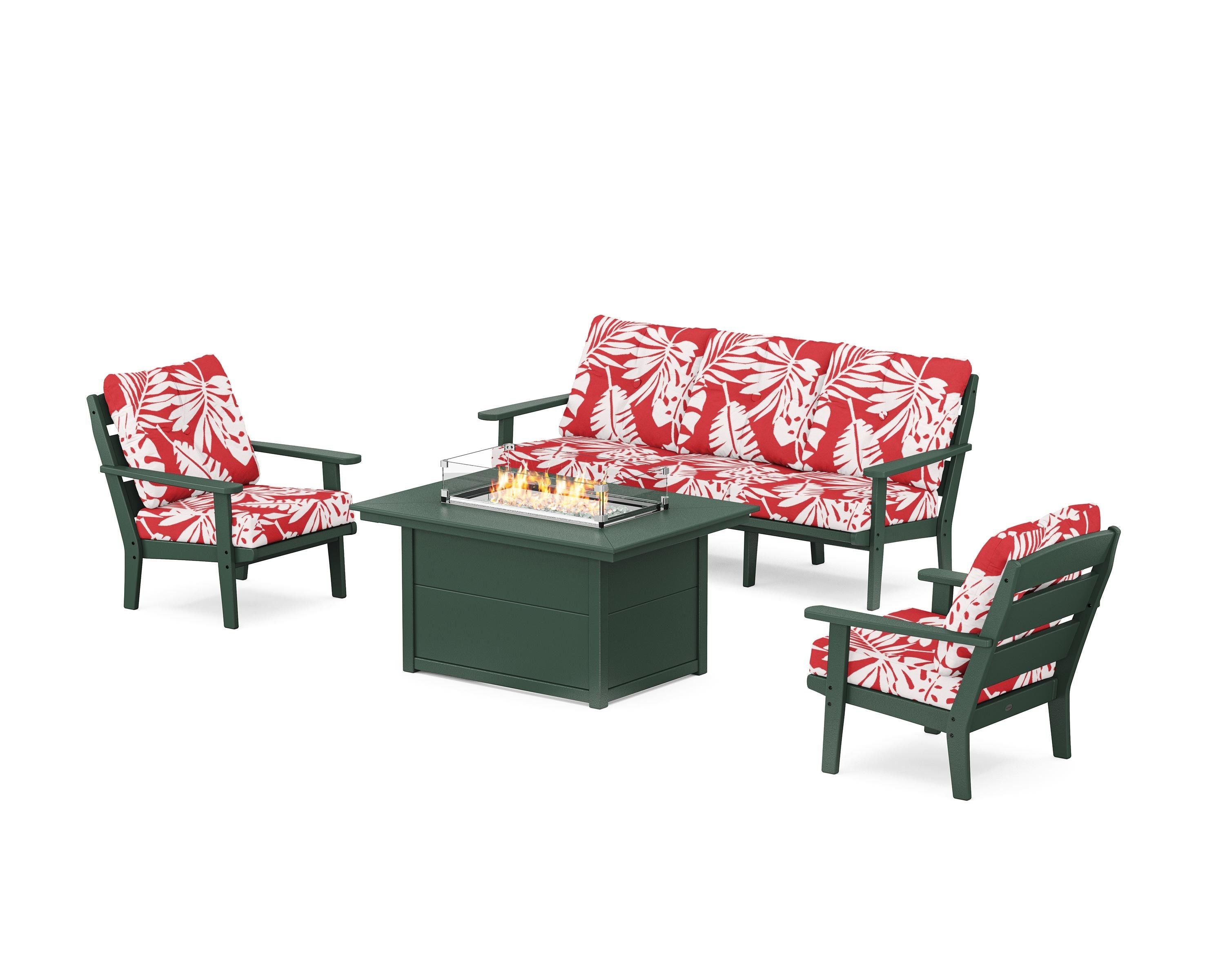 POLYWOOD® Lakeside Deep Seating Fire Pit Table Set in Green / Leaf Crimson