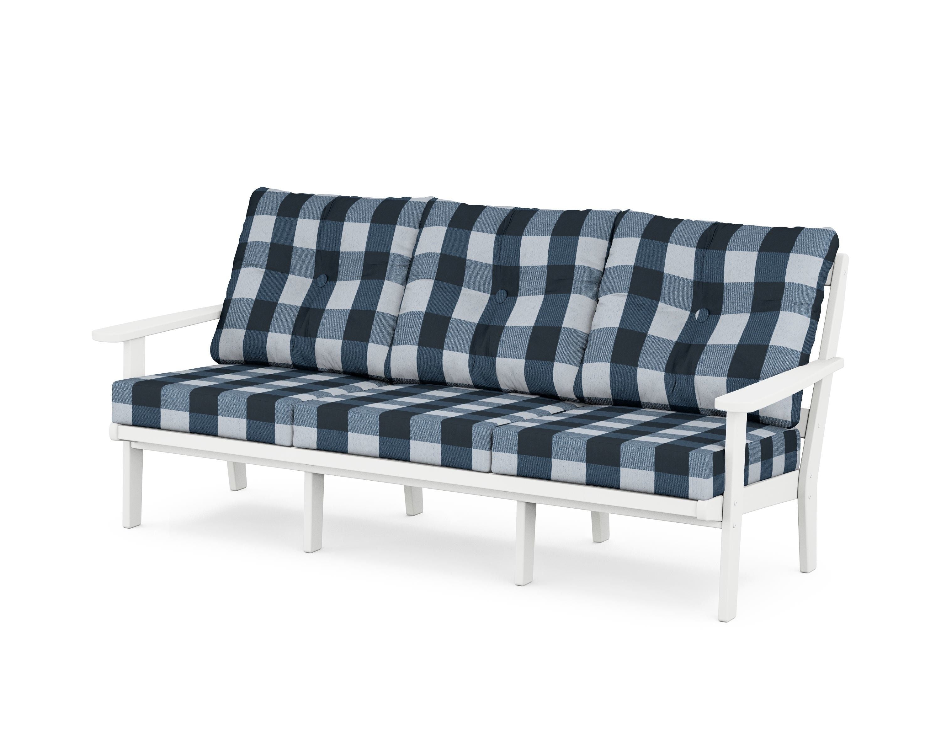 POLYWOOD® Mission Deep Seating Sofa in White / Buffalo Plaid Marine Indigo