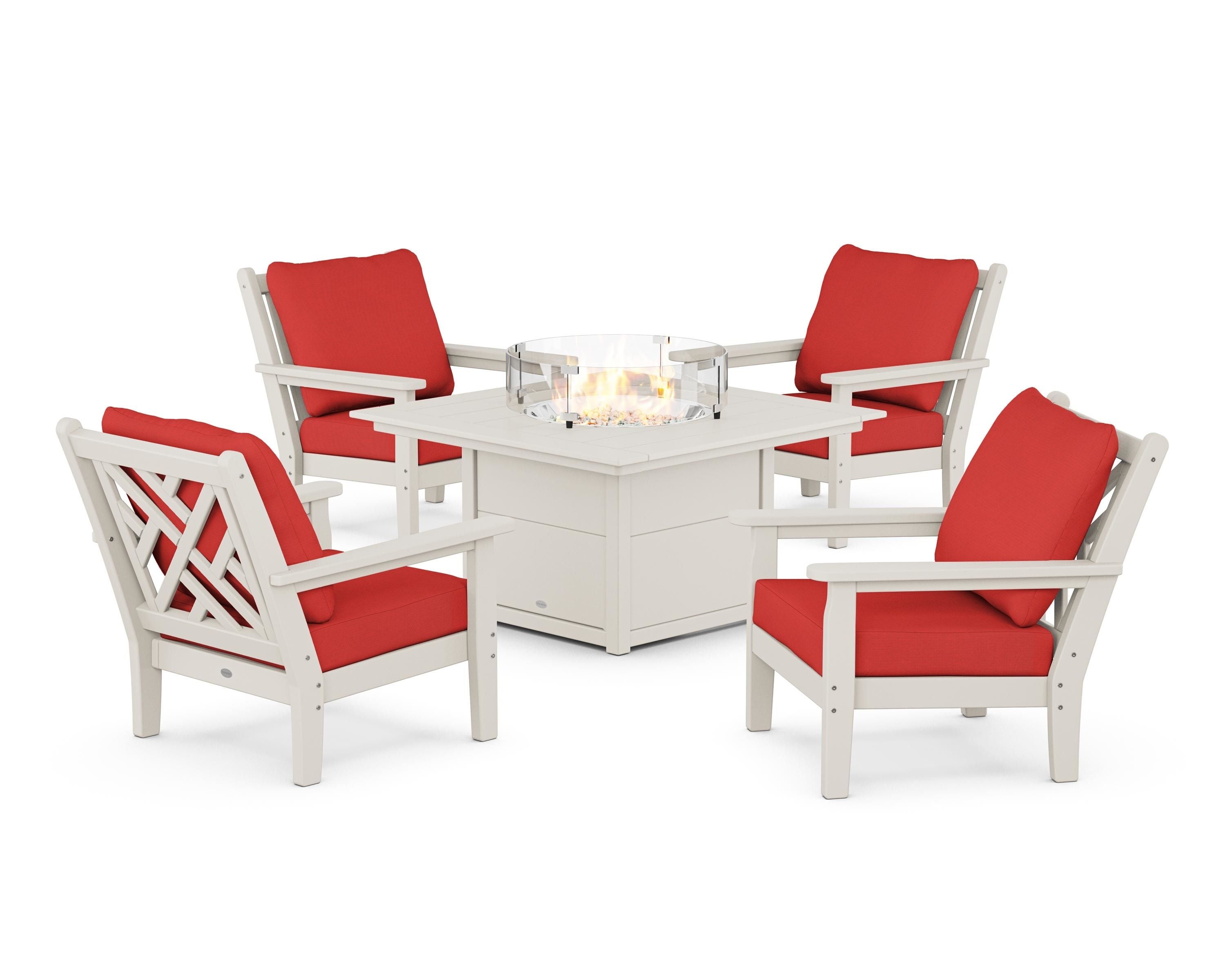 POLYWOOD® Chippendale 5-Piece Deep Seating Set with Fire Pit Table in Sand / Crimson Linen