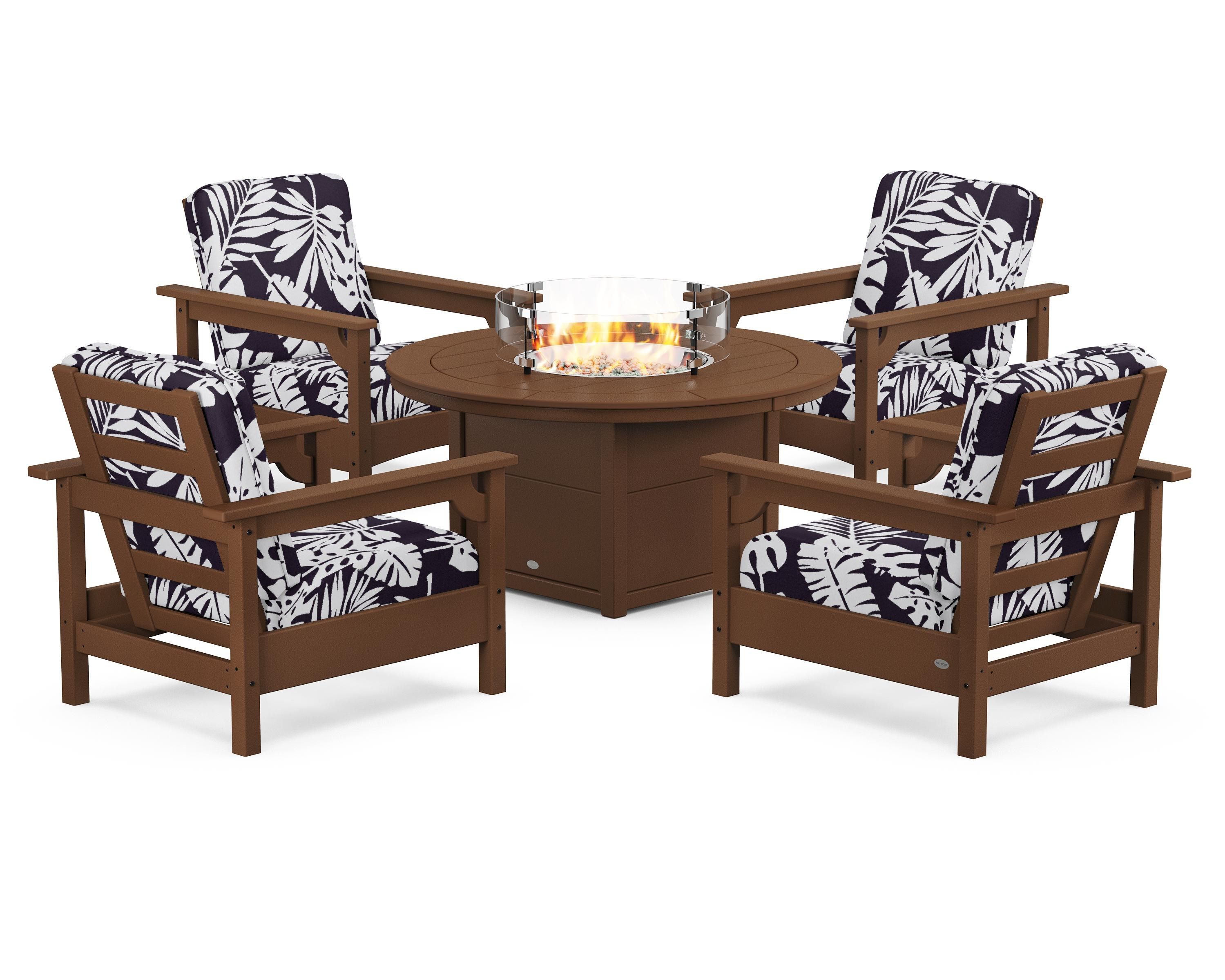 POLYWOOD® Club 5-Piece Conversation Set with Fire Pit Table in Teak / Leaf Navy