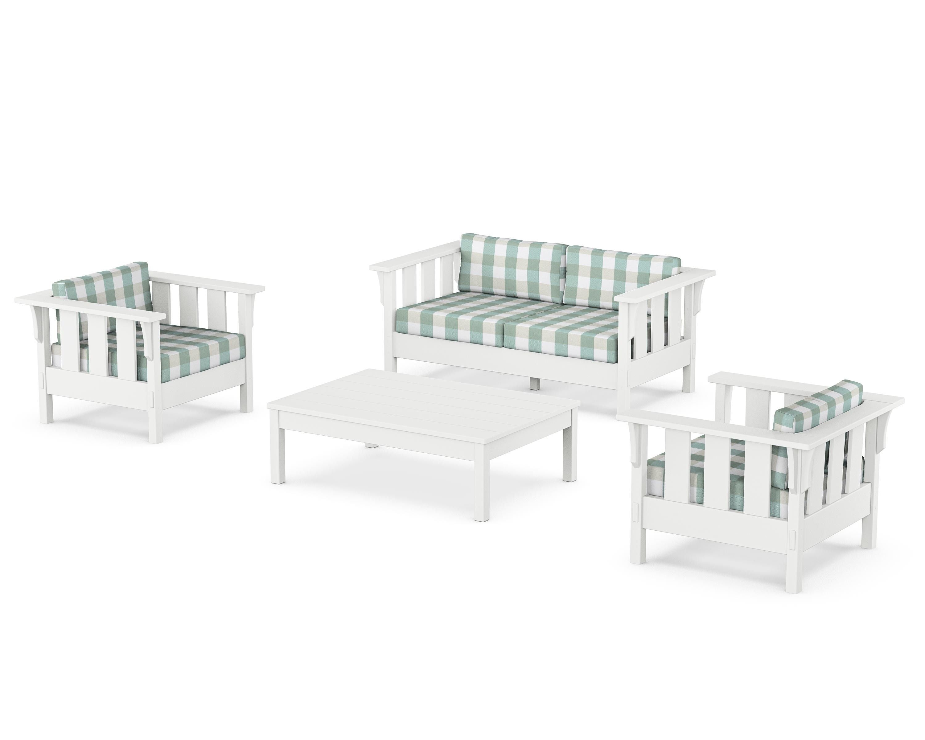 Martha Stewart by POLYWOOD® Acadia 4-Piece Deep Seating Set with Loveseat in White / Buffalo Plaid Glacier Spa