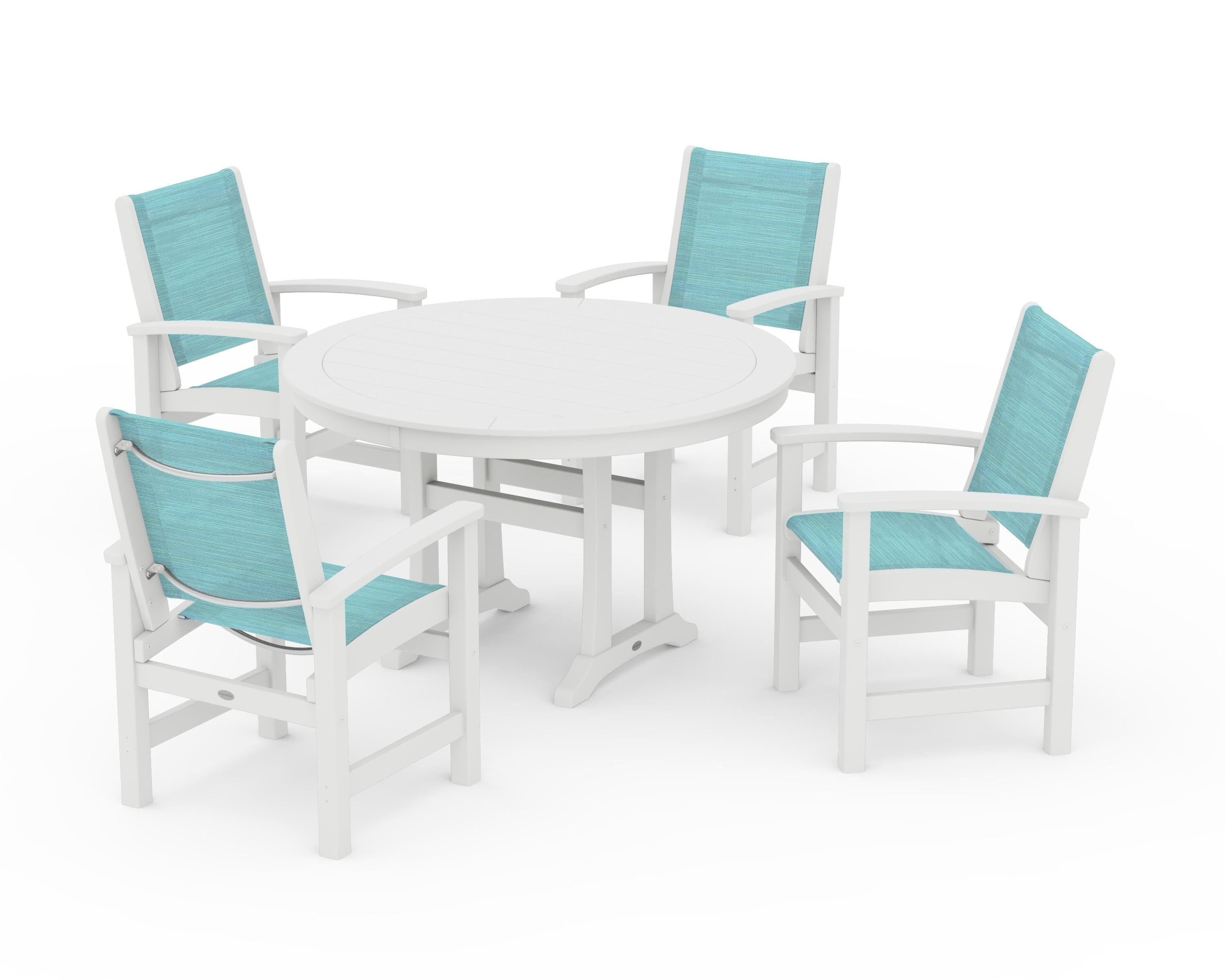 POLYWOOD® Coastal 5-Piece Round Dining Set with Trestle Legs in White / Dupioni Aquamarine Sling