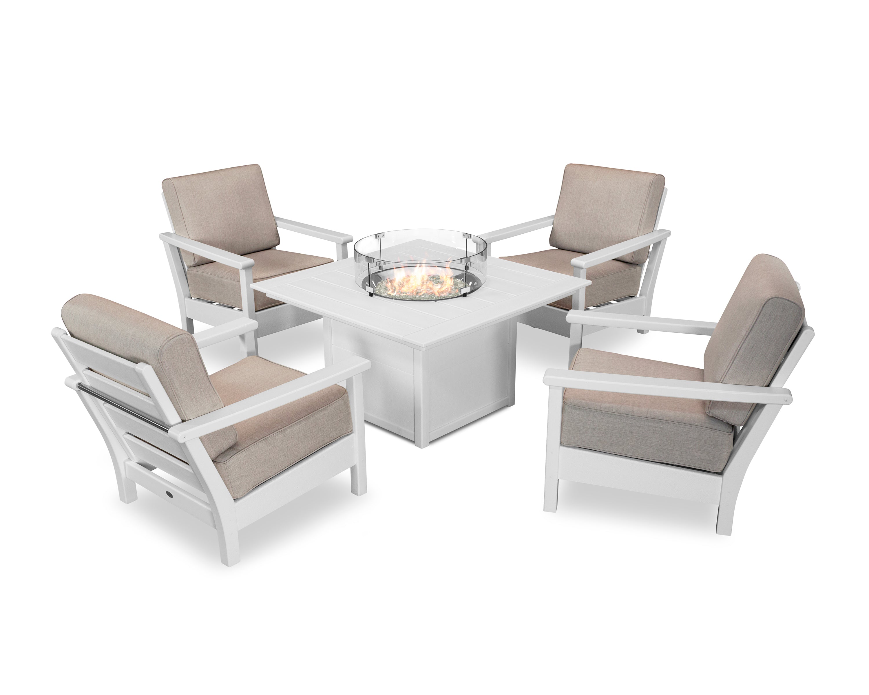 POLYWOOD® Harbour 5-Piece Conversation Set with Fire Pit Table in White / Cast Ash