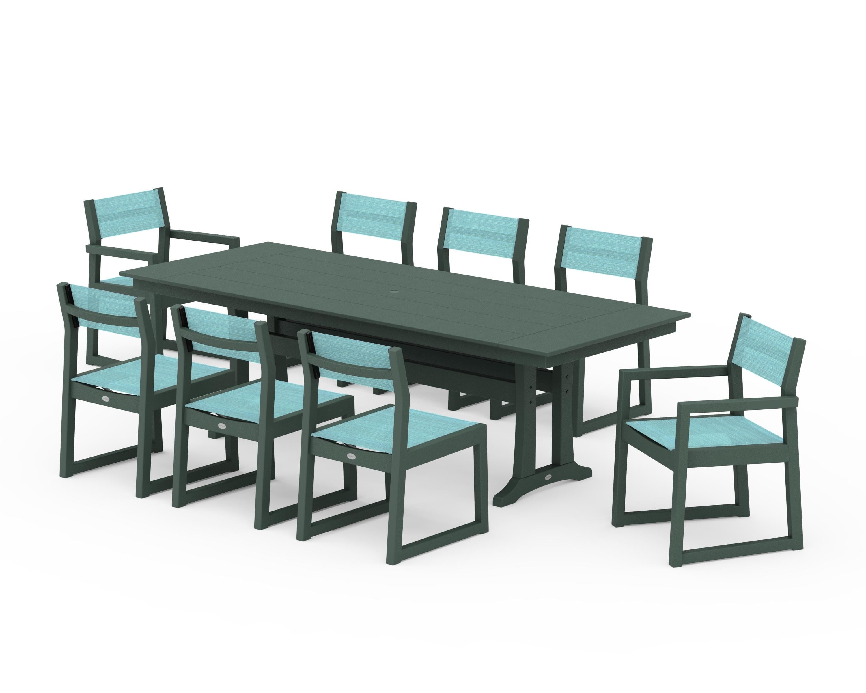 POLYWOOD® EDGE Sling 9-Piece Farmhouse Trestle Dining Set in Green / Dupioni Aquamarine Sling